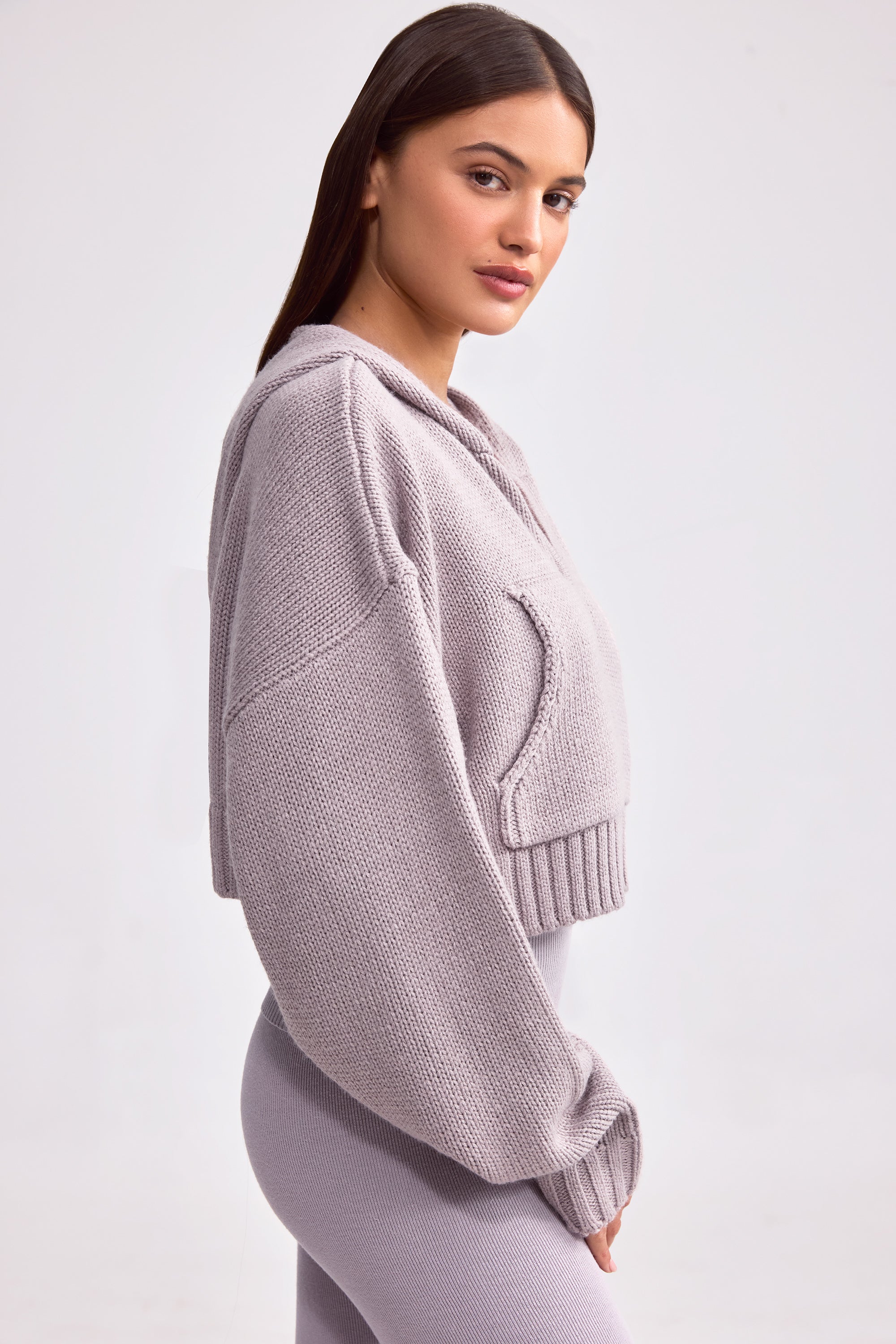 Cropped Zip-Up Chunky Knit Hoodie in Dusty Lavender