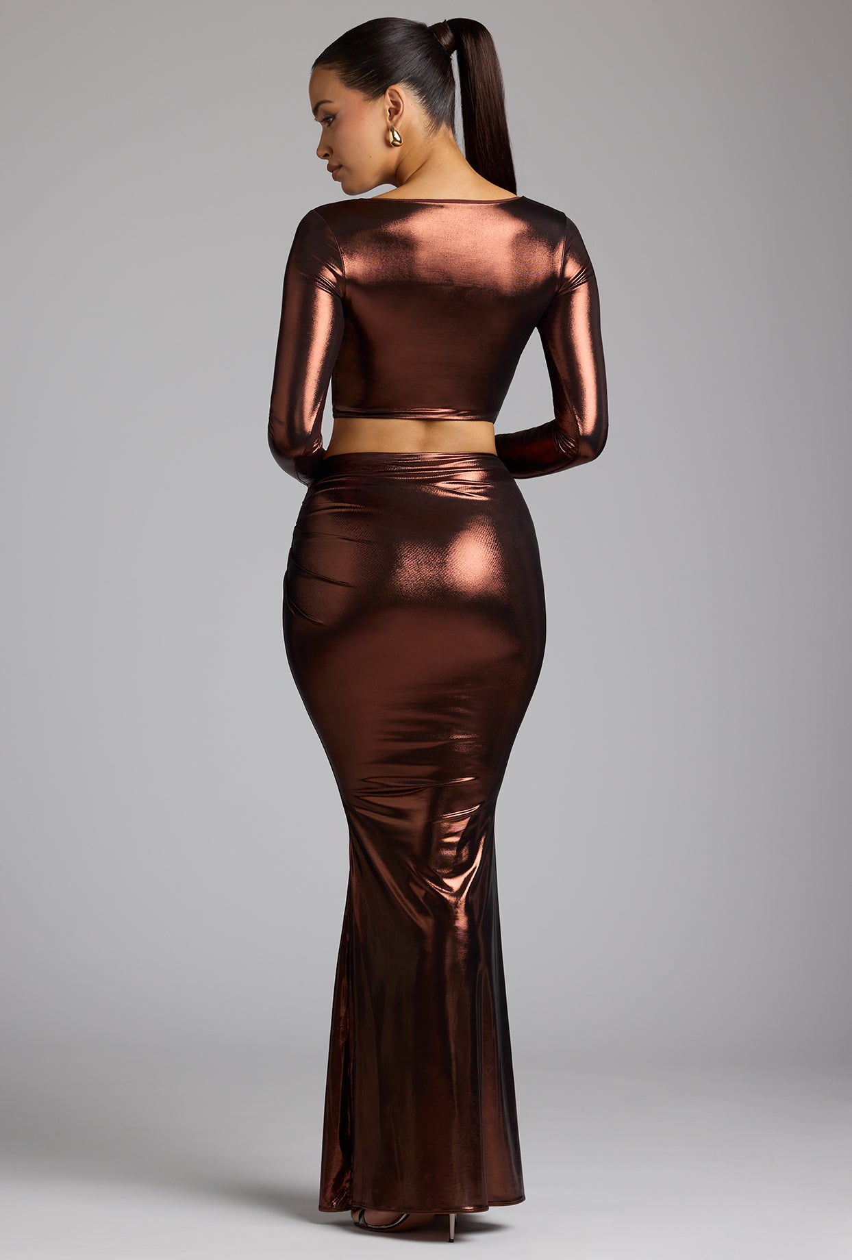 Mid Rise Metallic Jersey Gown Skirt in Copper Bronze