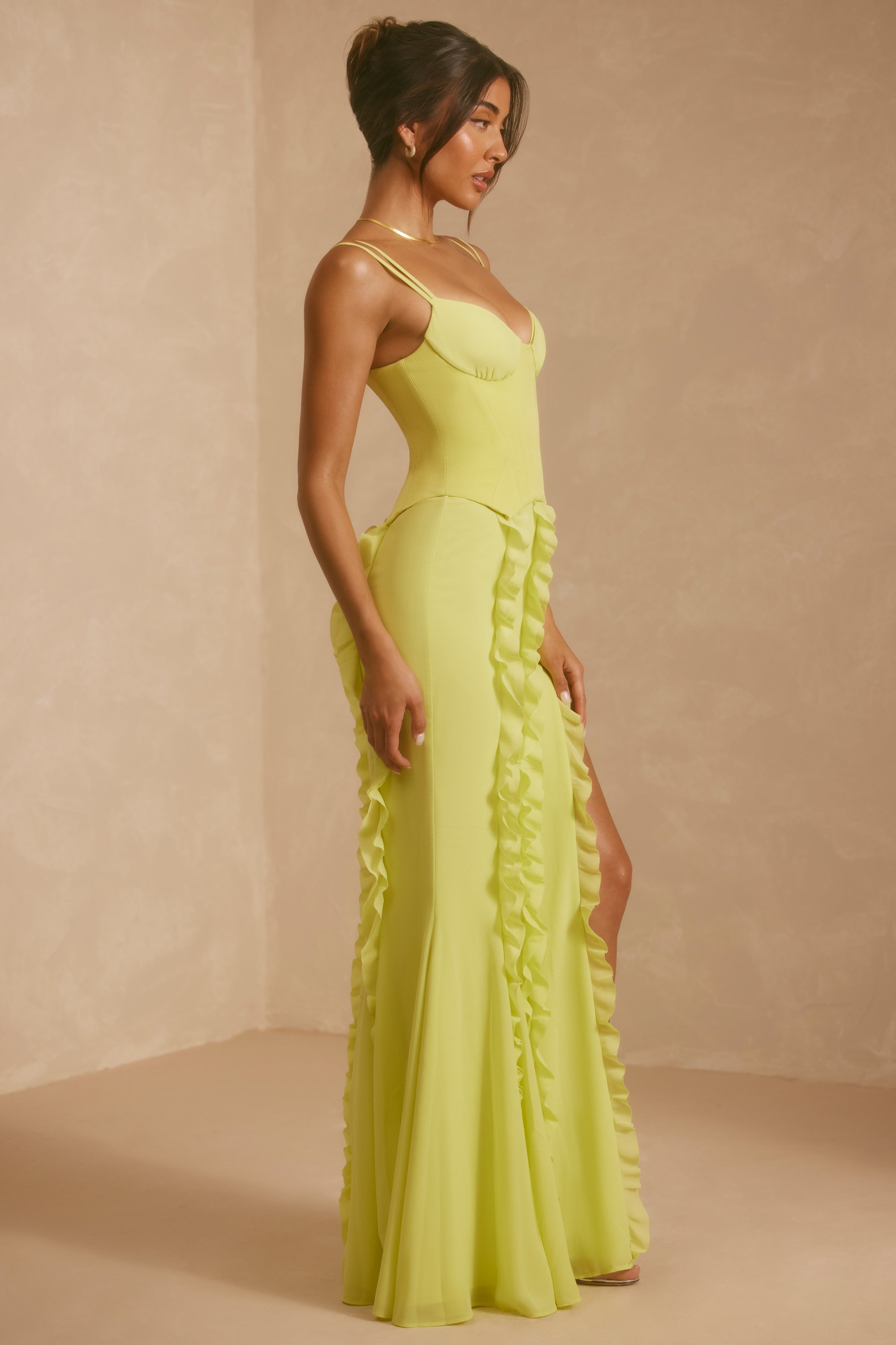 Corset Frill Skirt Maxi Dress in Lime Green