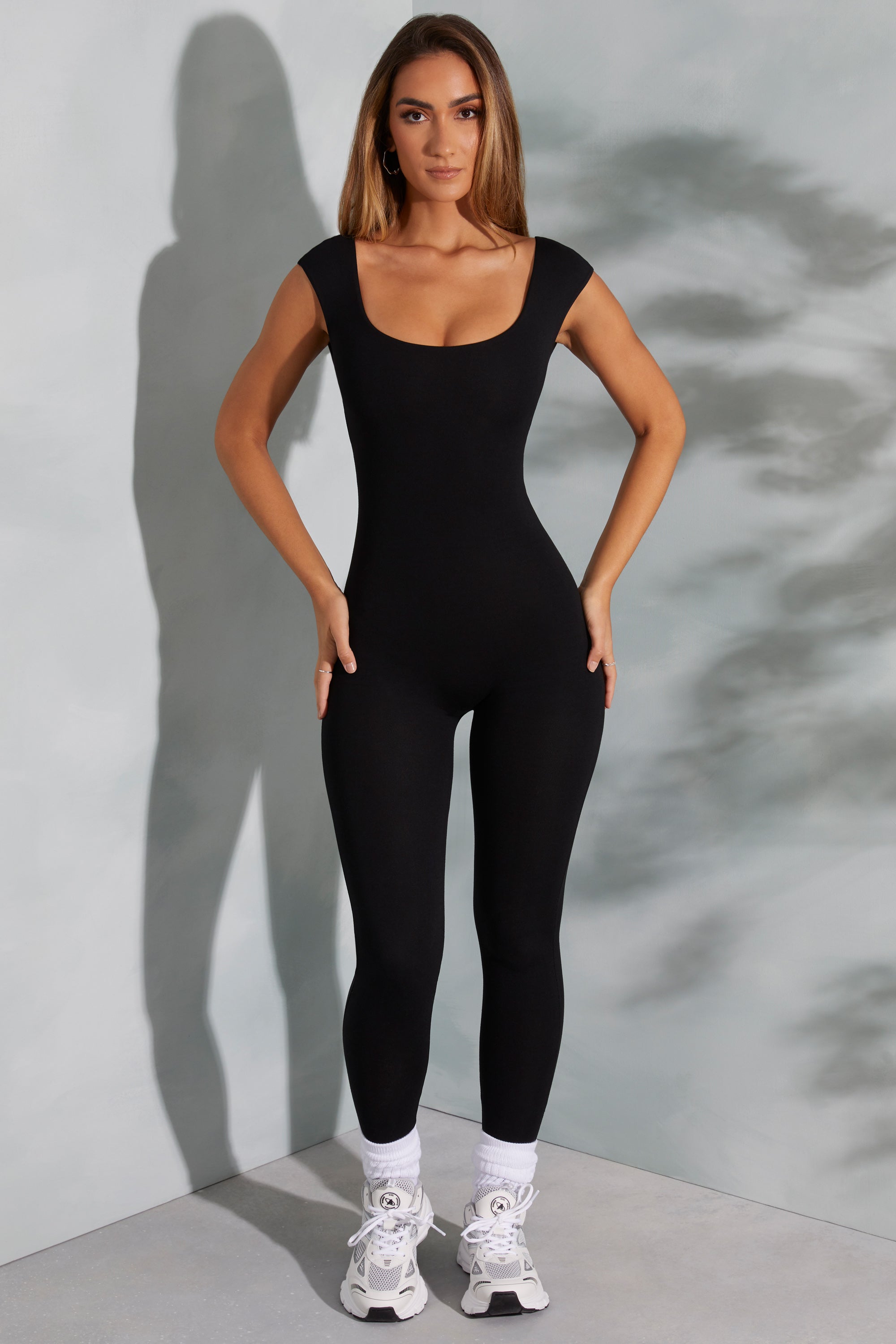 Open Back Scoop Neck Jumpsuit in Black