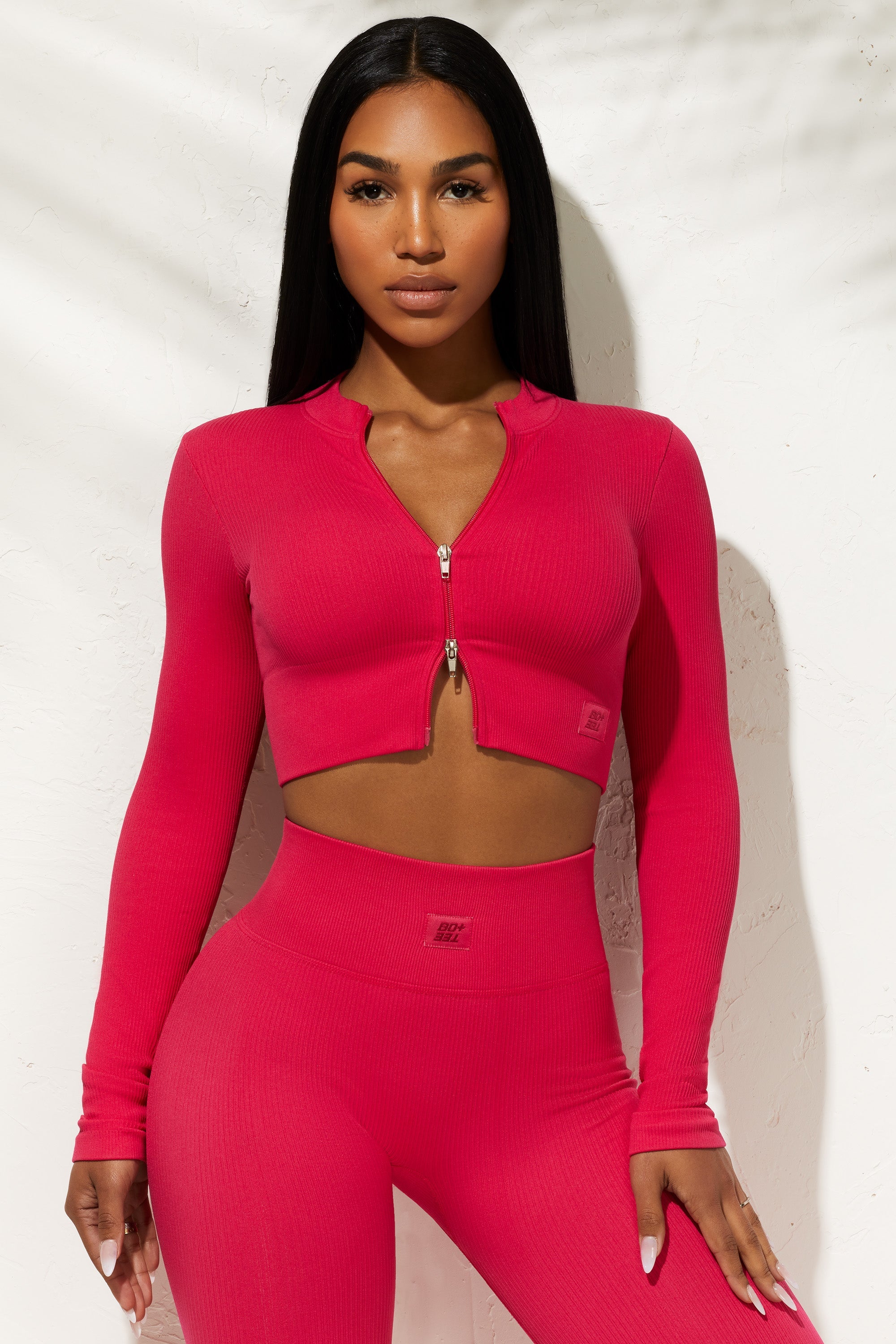 Long Sleeve Zip Crop Top in Hot Pink