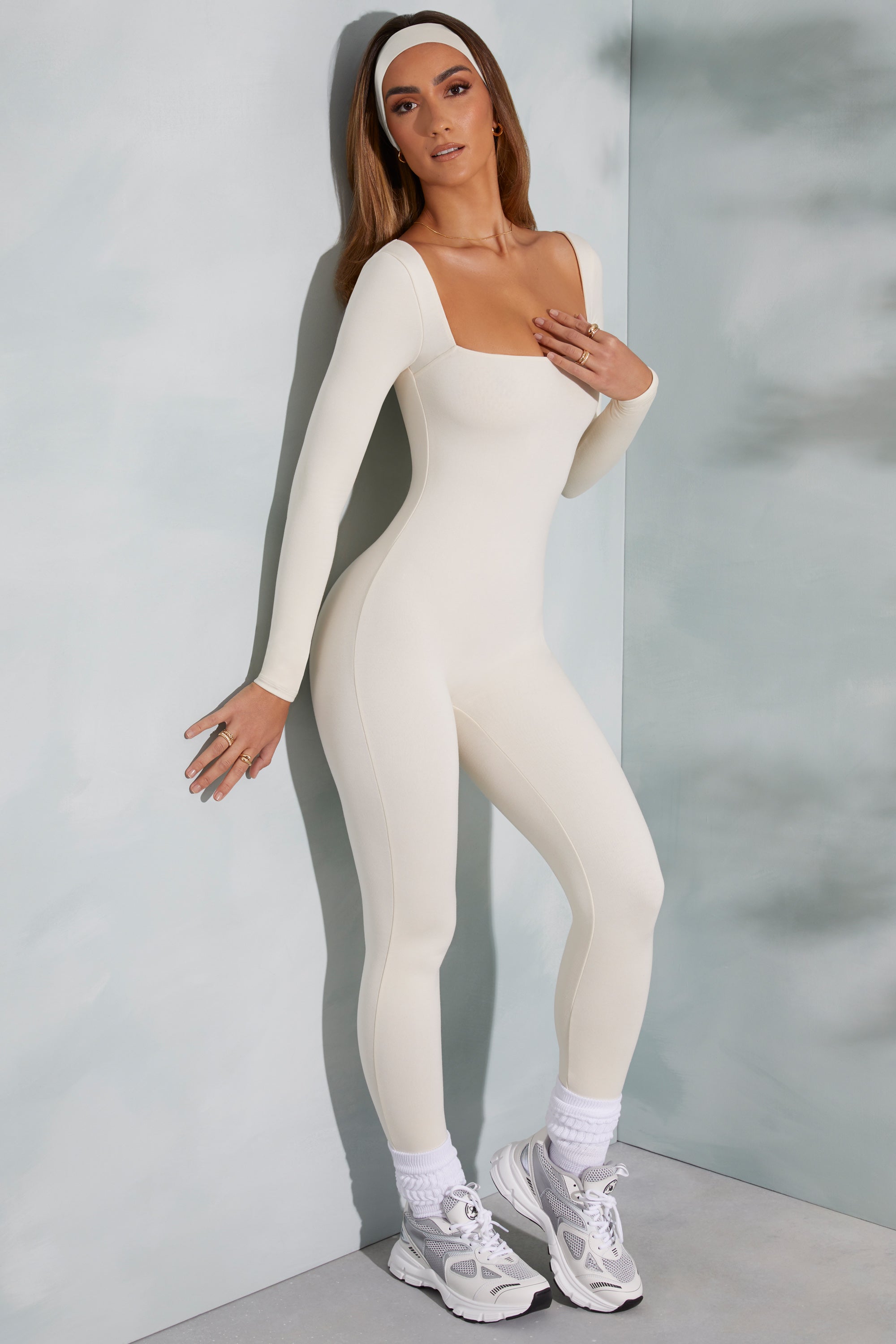 Petite Square Neck Long Sleeve Jumpsuit in Ivory