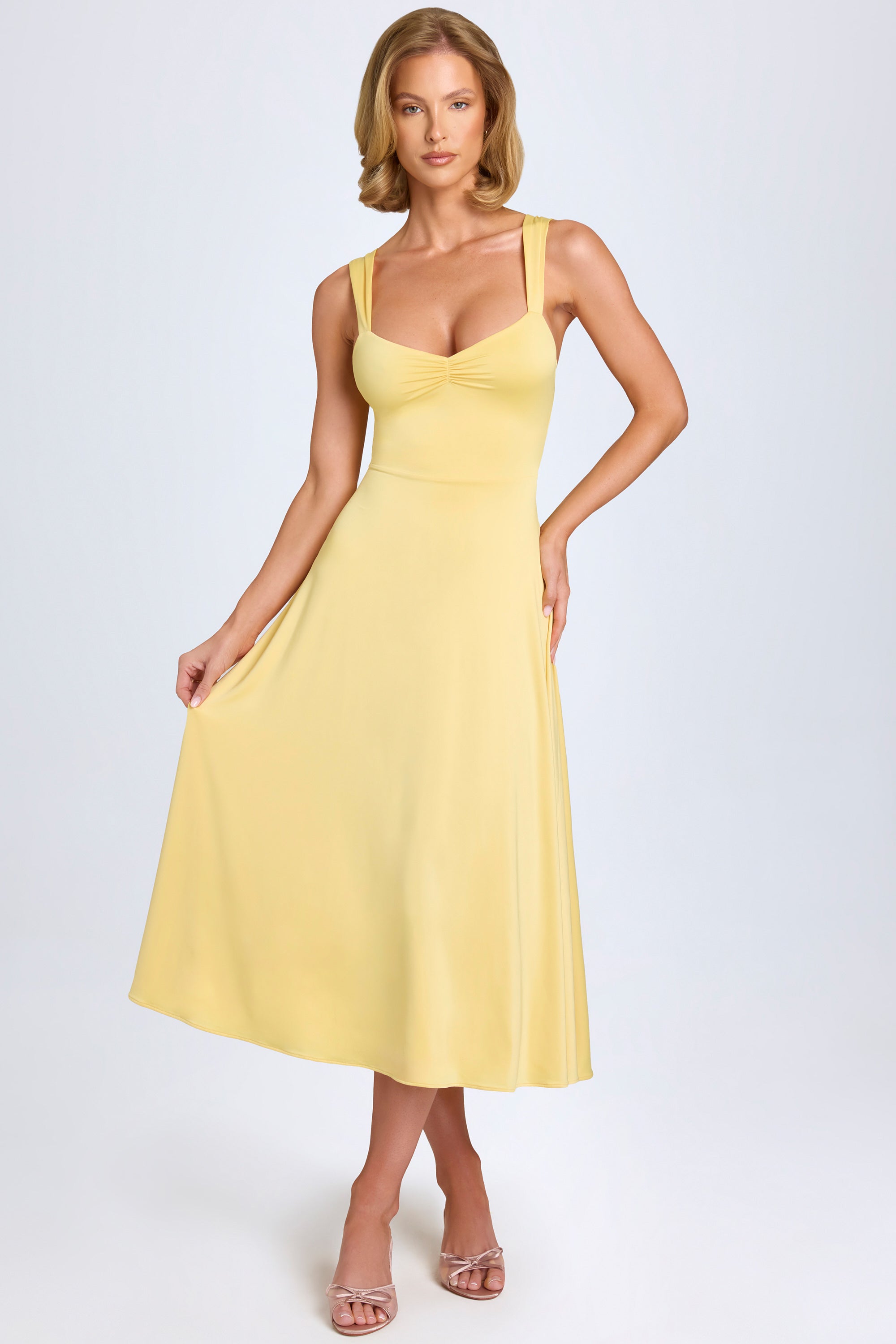 Sweetheart-Neck Ruched Midaxi Dress in Pastel Yellow