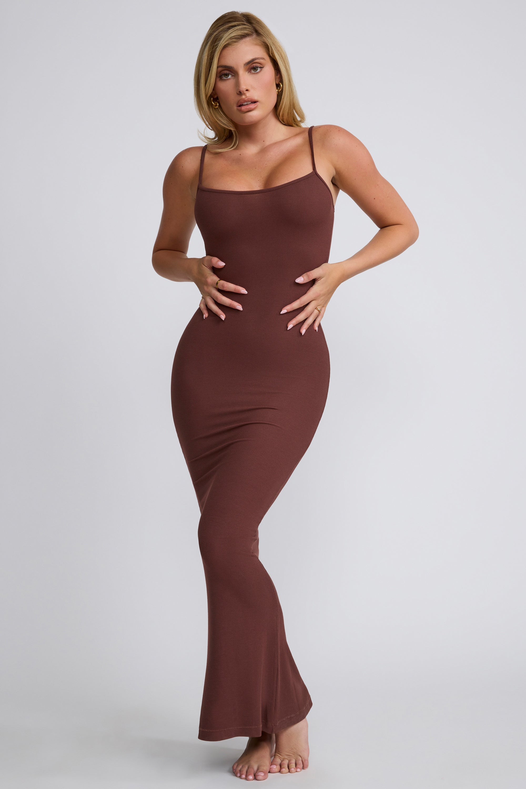 Ribbed Modal Square Neck Maxi Dress in Chocolate