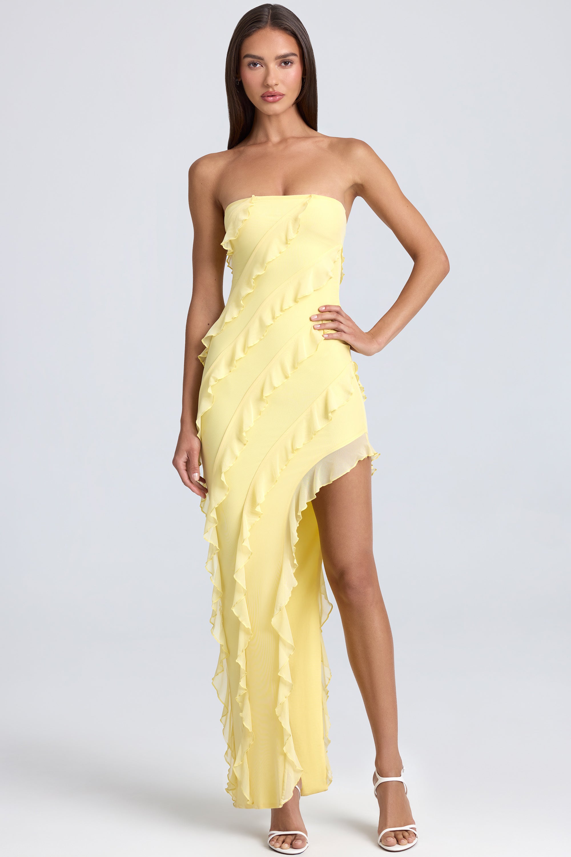 Bandeau Ruffle-Trim Maxi Dress in Lemon Sherbet