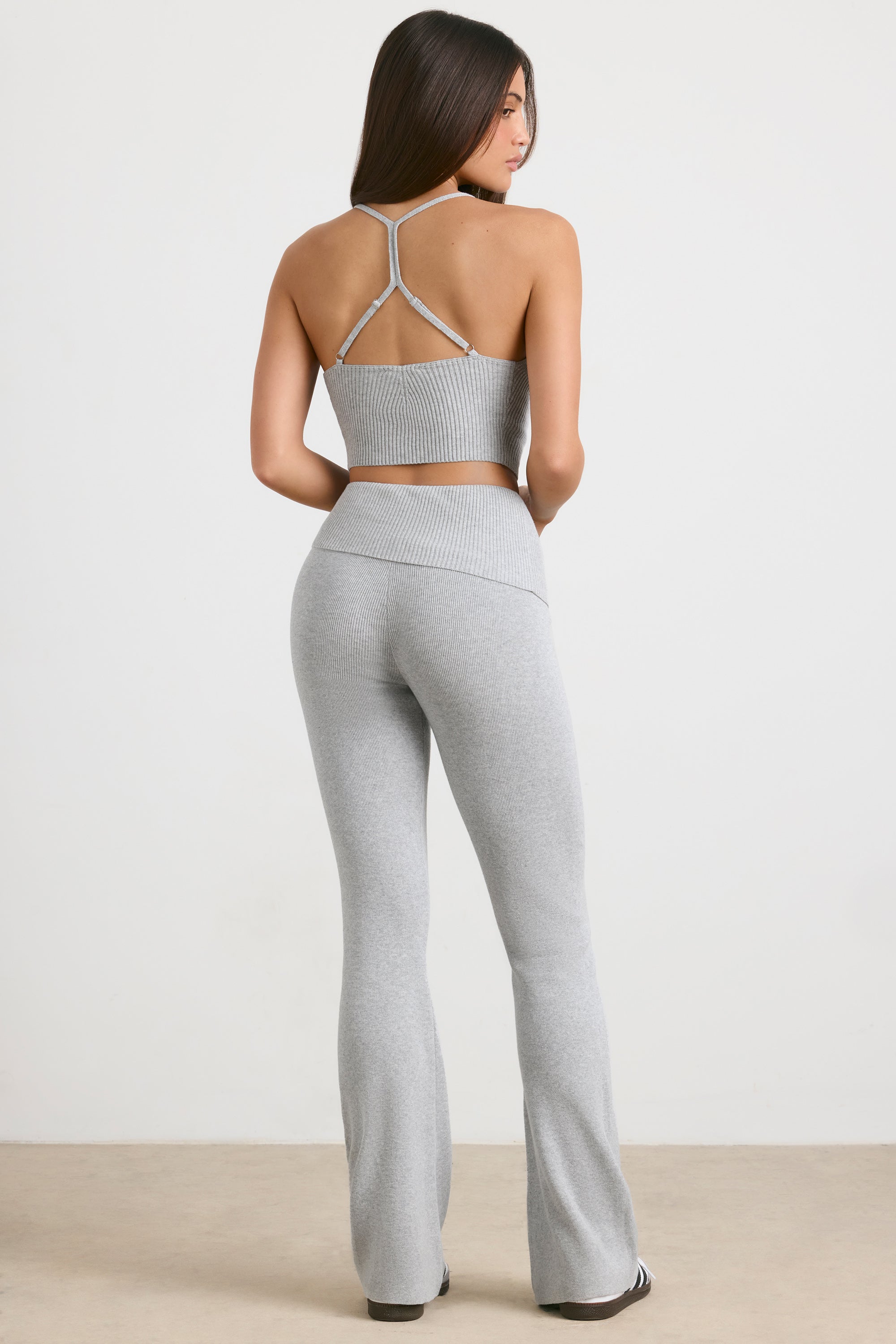 Petite Chunky Knit Kick Flare Trousers in Heather Grey