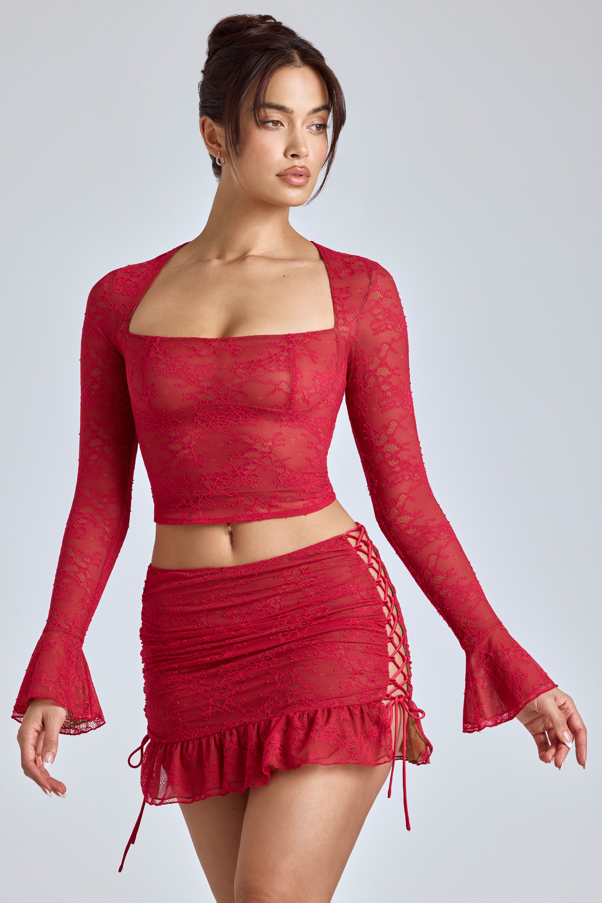 Lace Long Sleeve Top in Cherry Red