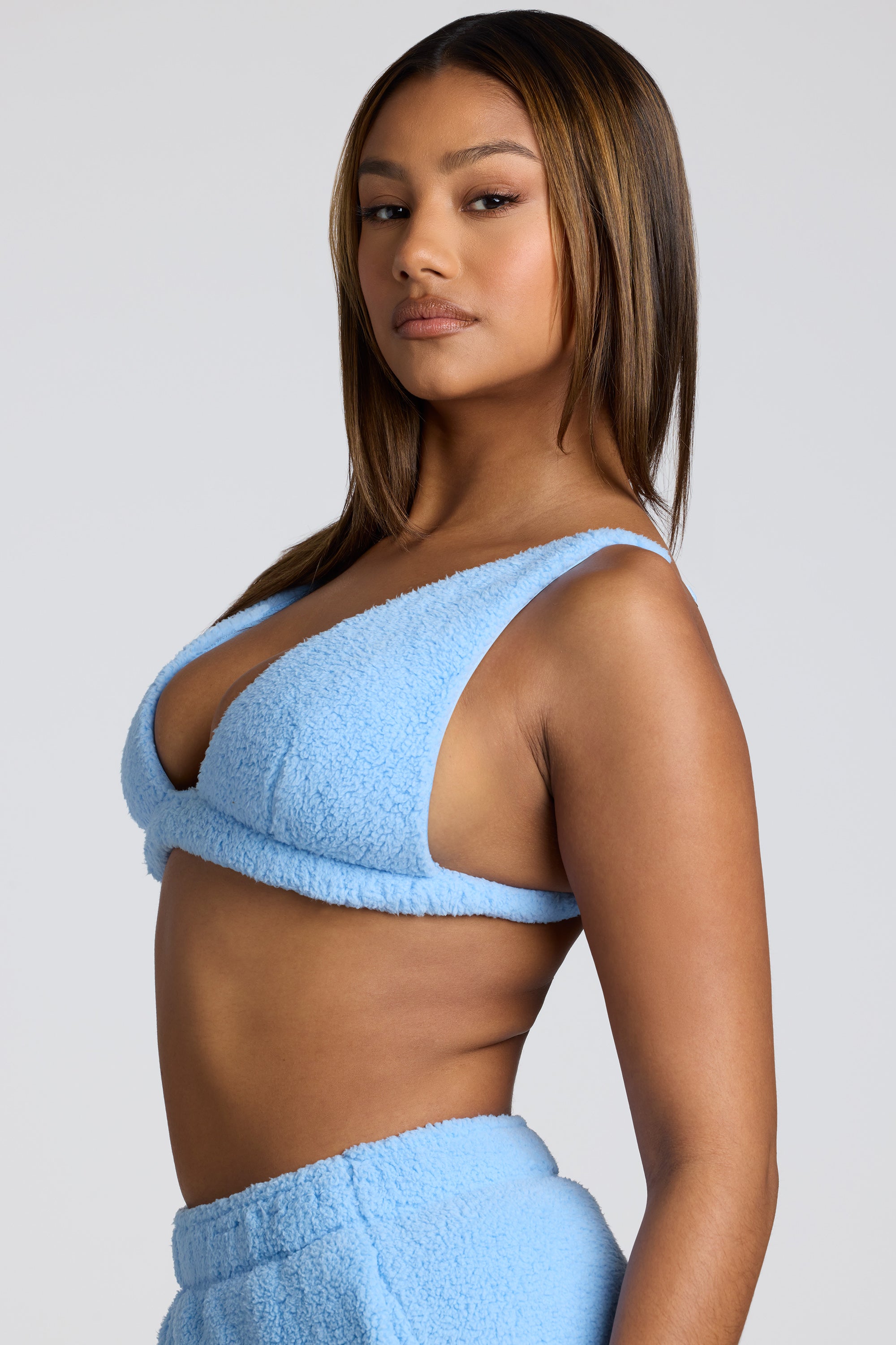 V Neck Fleece Bralette in Baby Blue