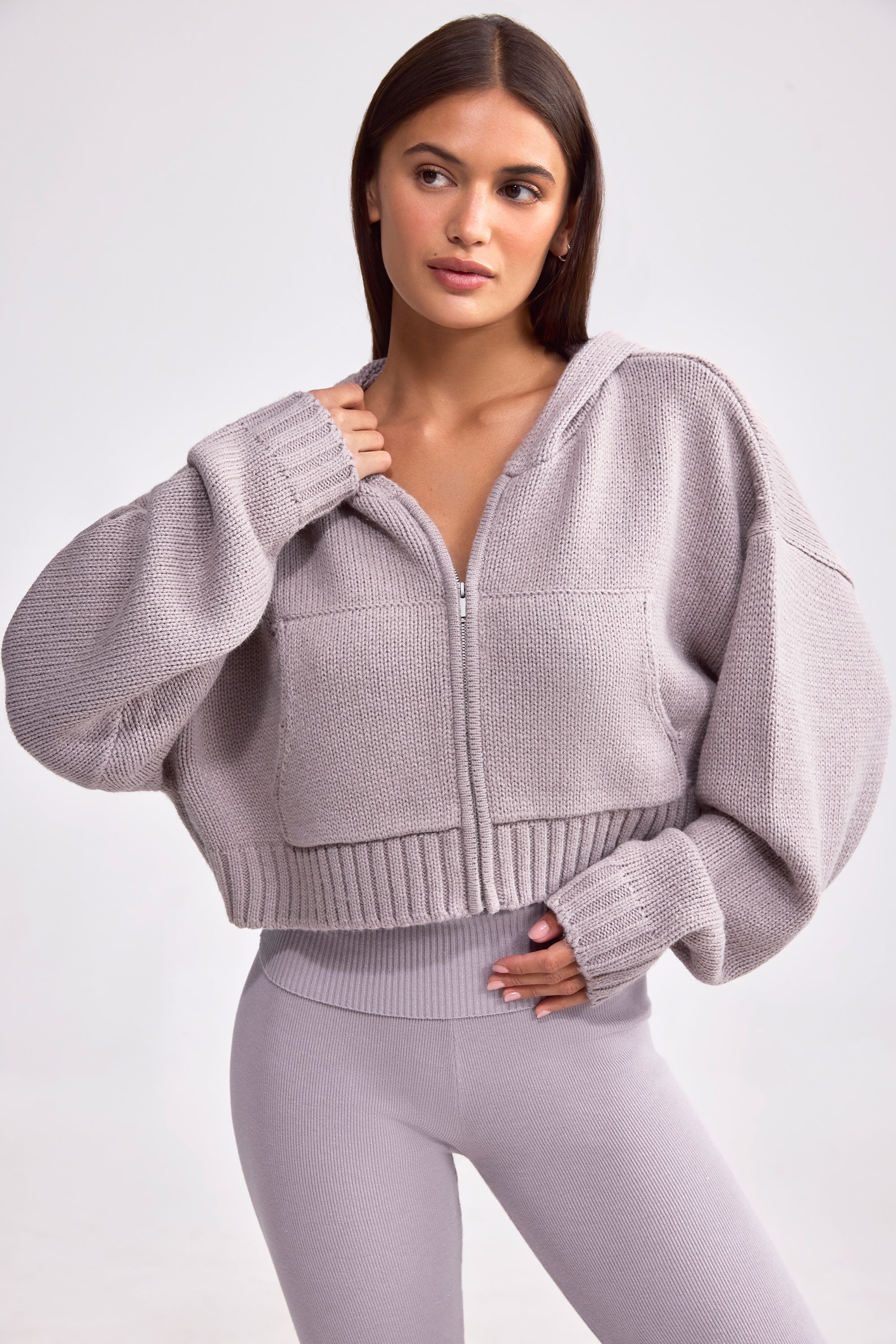 Cropped Zip-Up Chunky Knit Hoodie in Dusty Lavender