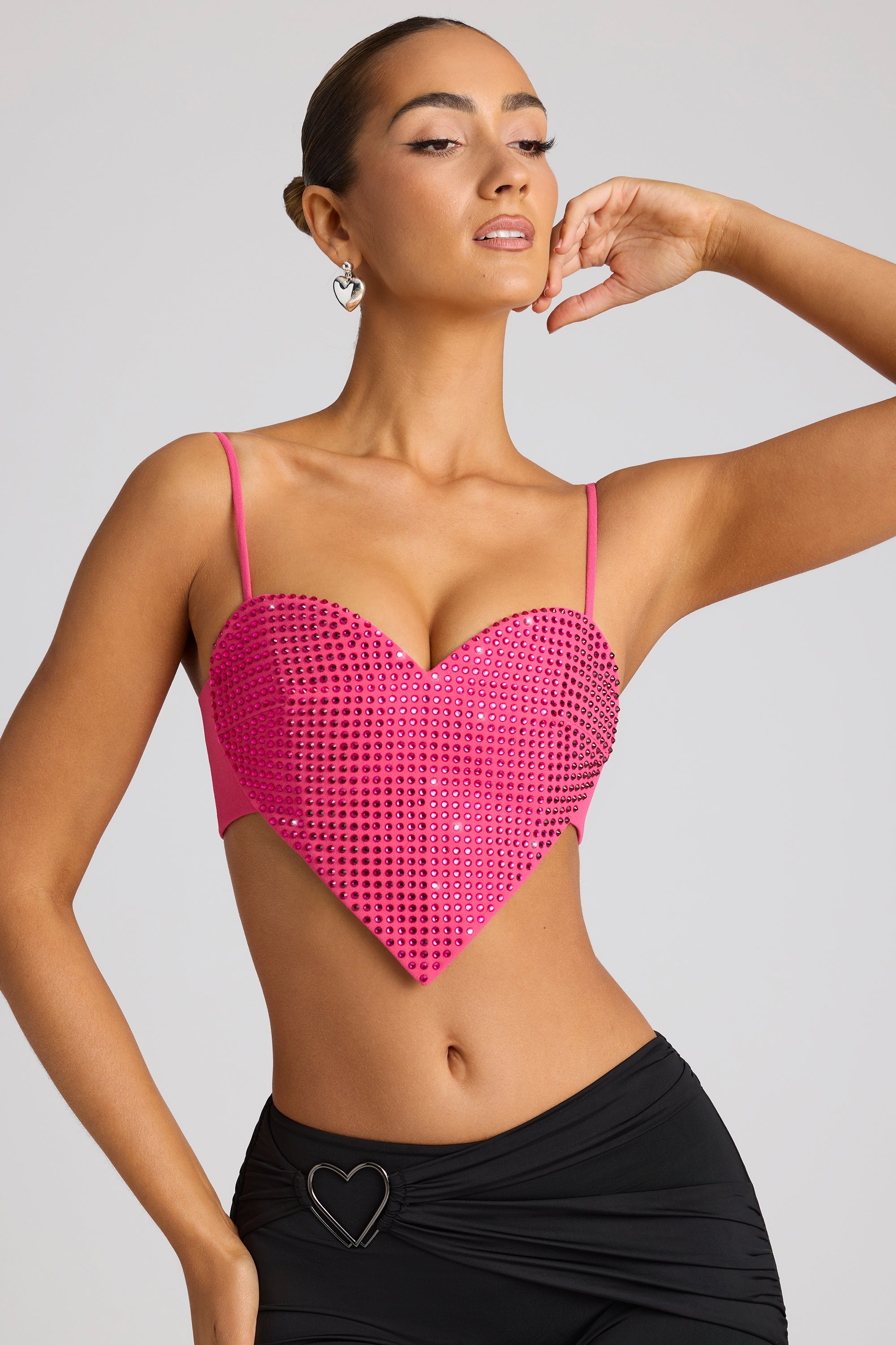 Embellished Heart Detail Crop Top in Magenta