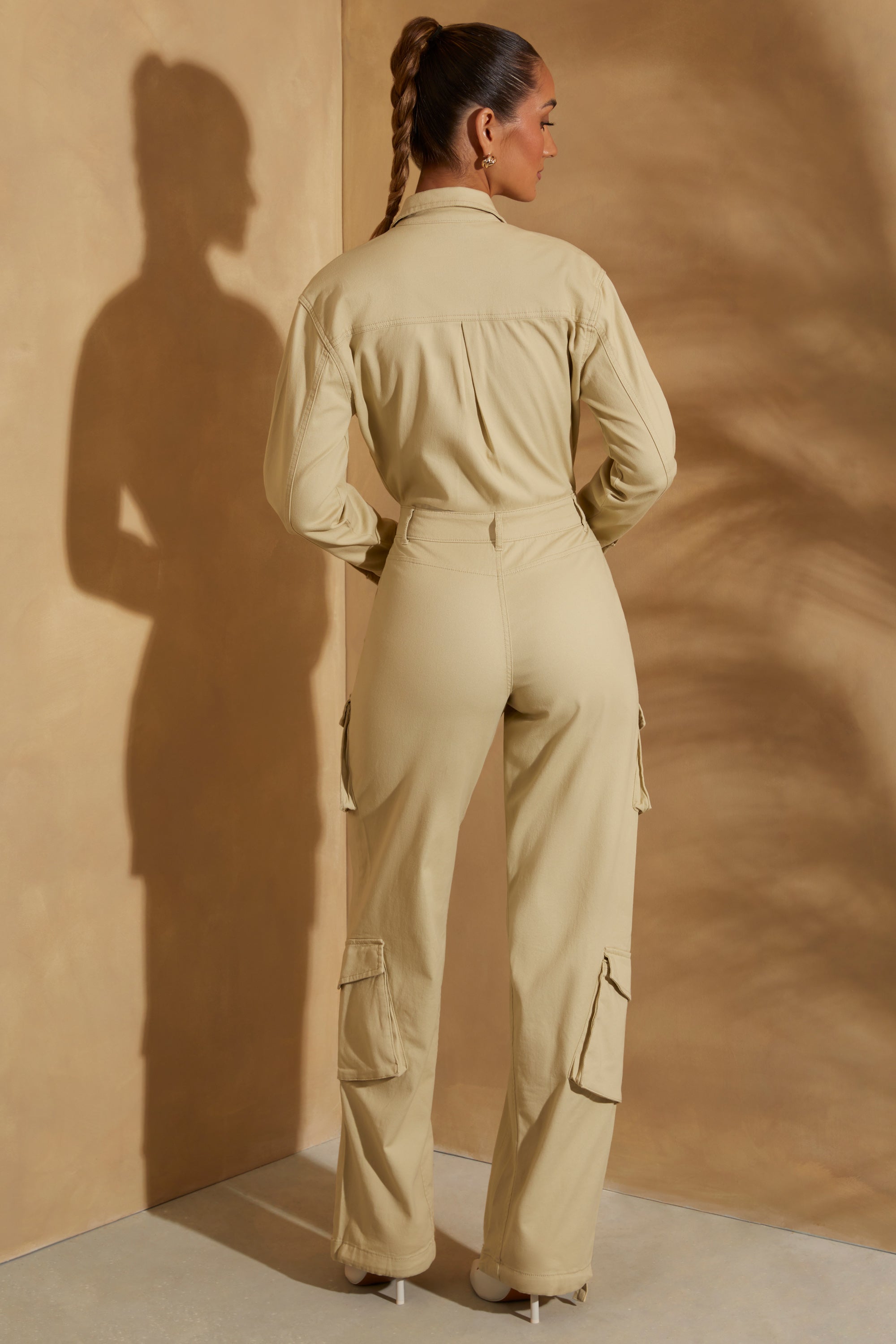 Wide Leg Long Sleeve Cargo Jumpsuit in Sage