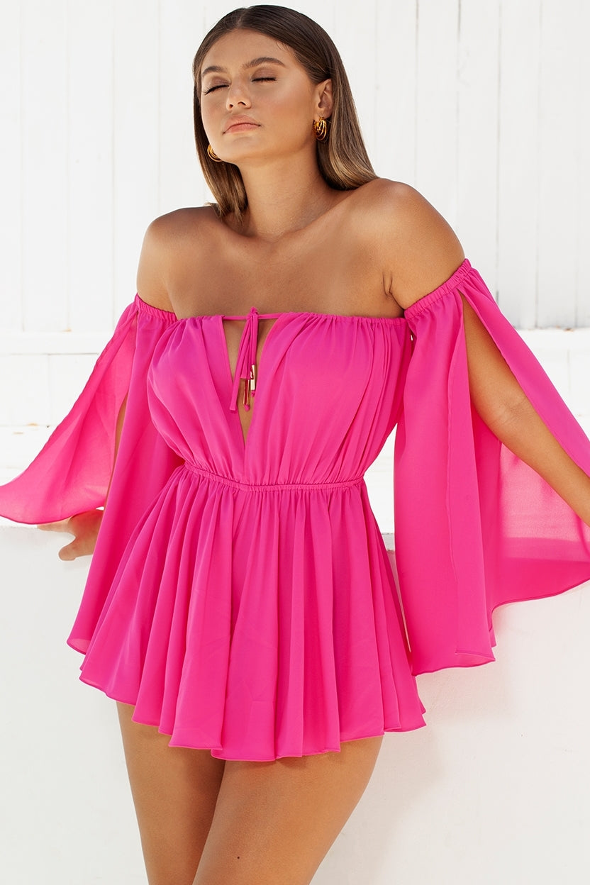 Pleat Wave Relaxed Fit Bardot Off The Shoulder Playsuit in Pink