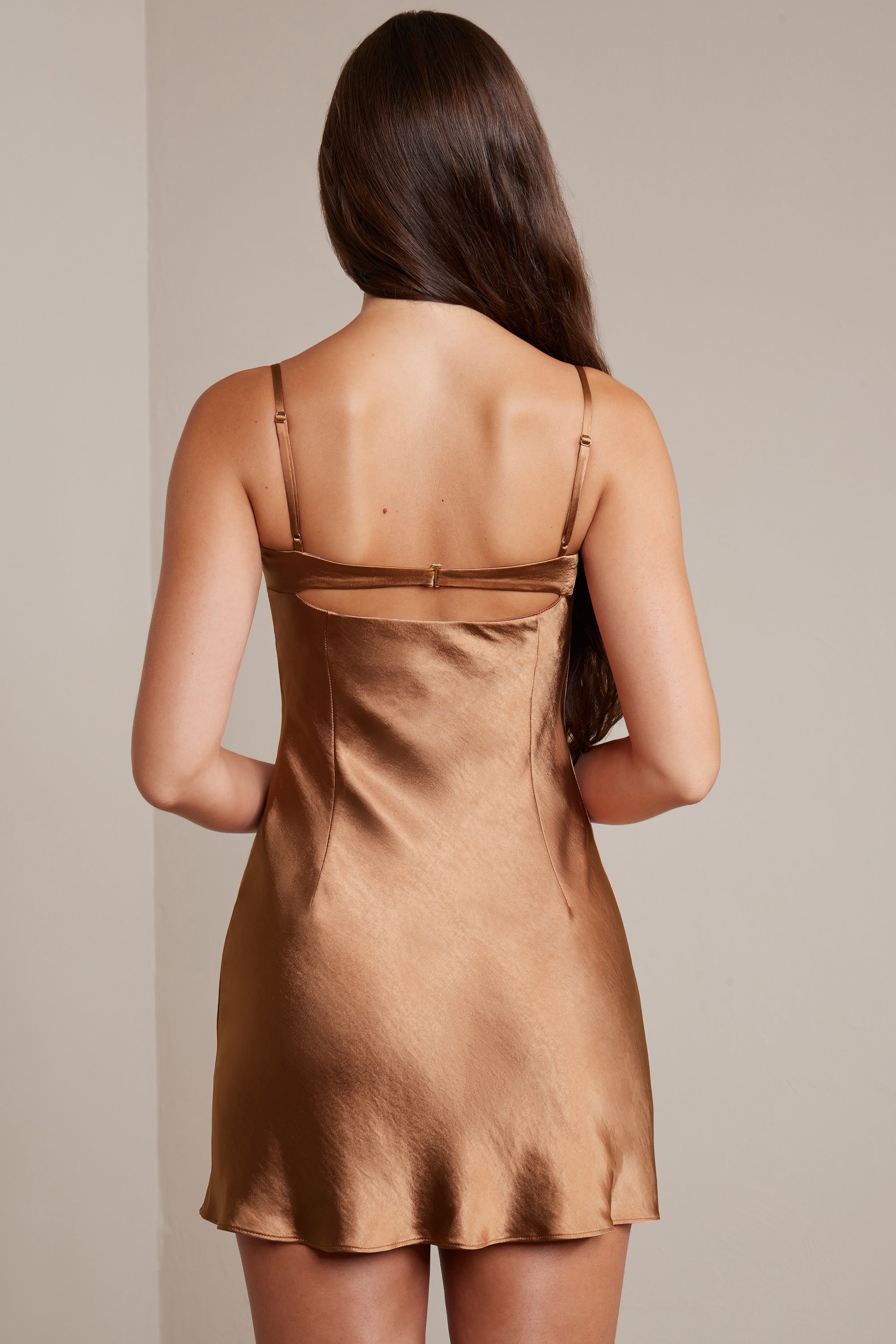 Satin Soft Cup A-Line Mini Dress in Mocha