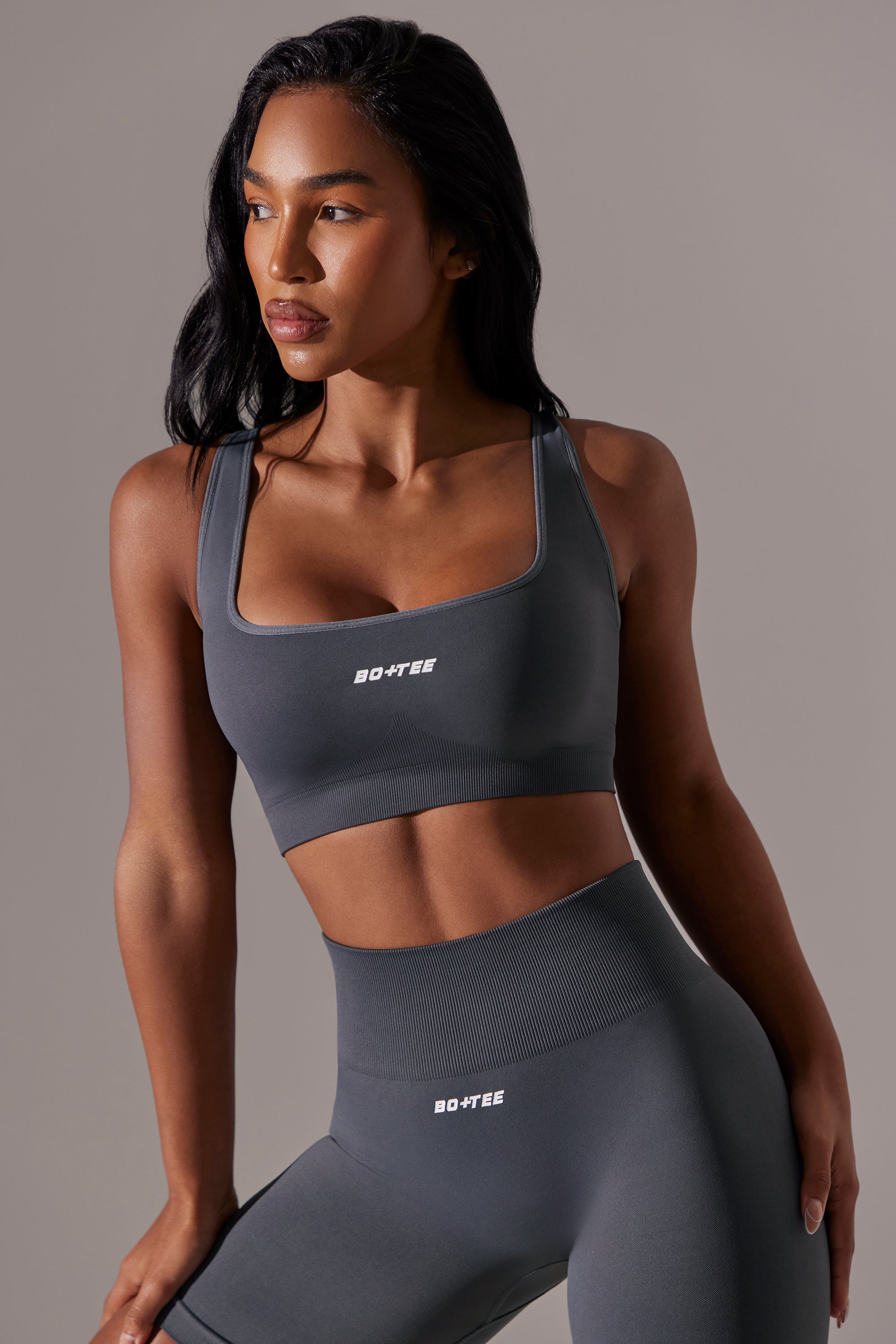 Open Back Square Neck Sports Bra in Grey