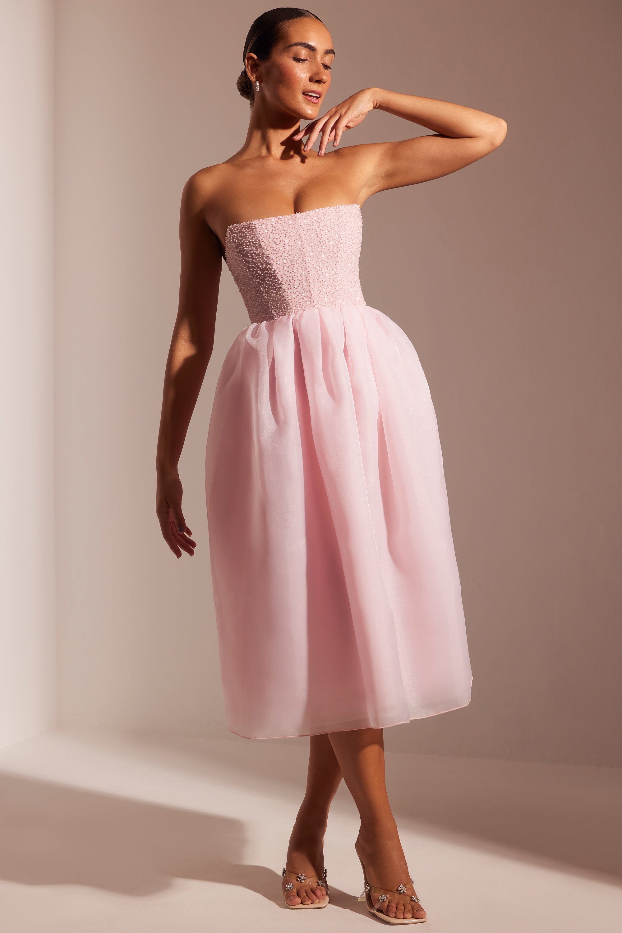 Embellished Corset Tulle Skirt Midi Dress in Blush