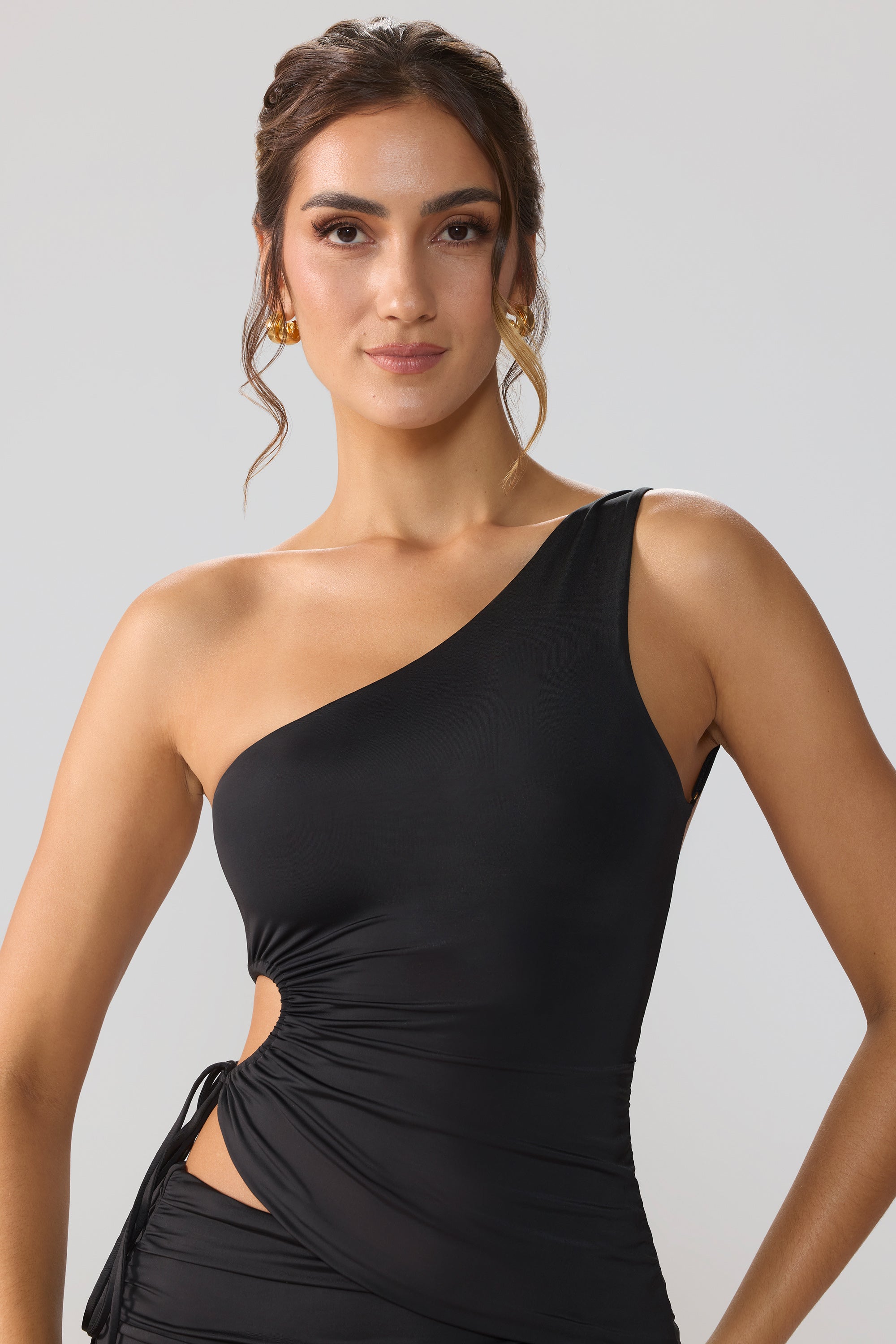 Slinky Jersey Ruched Cut Out One Shoulder Top in Black