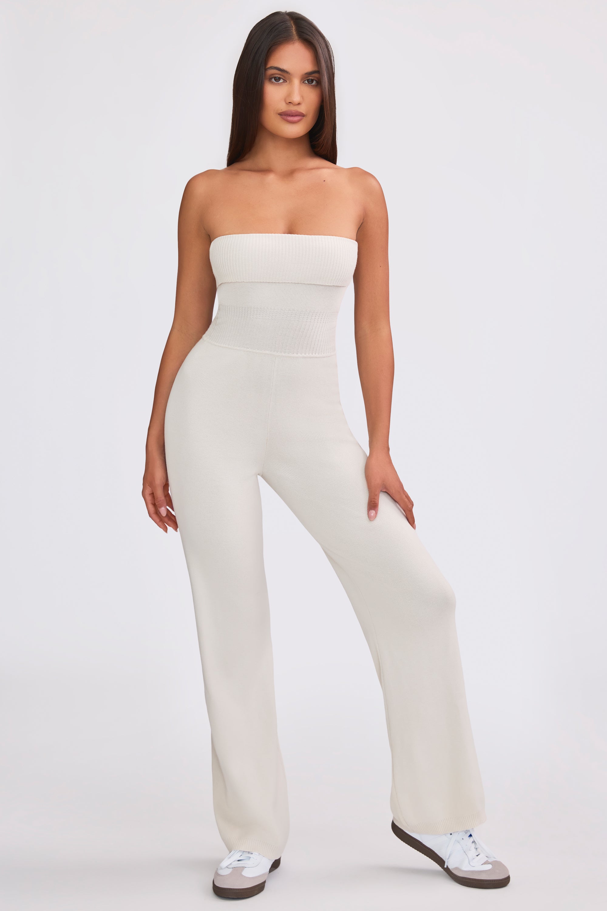 Bandeau Kick Flare Chunky Knit Jumpsuit in Cream