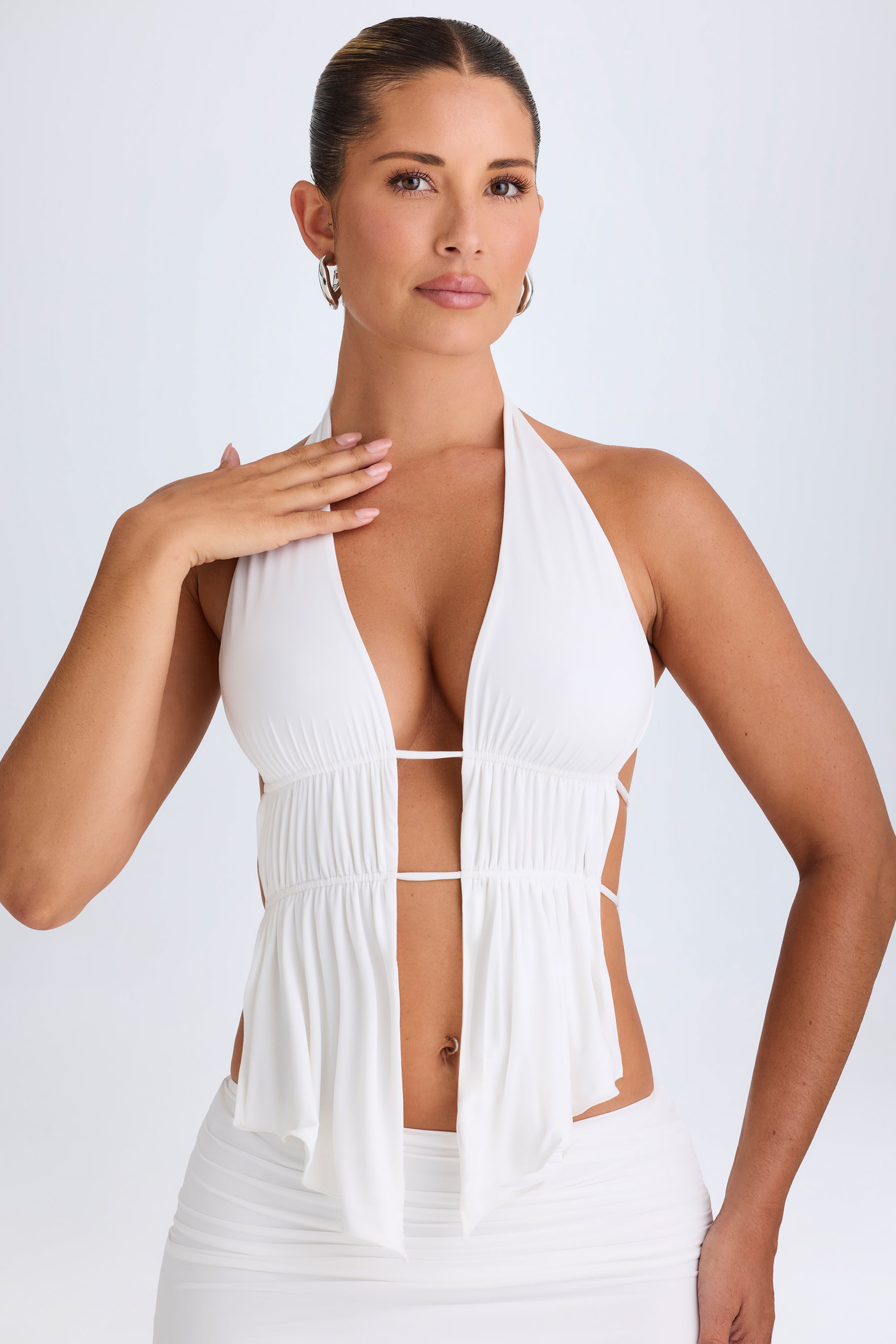 Cut-Out Ruched Halterneck Crop Top in White