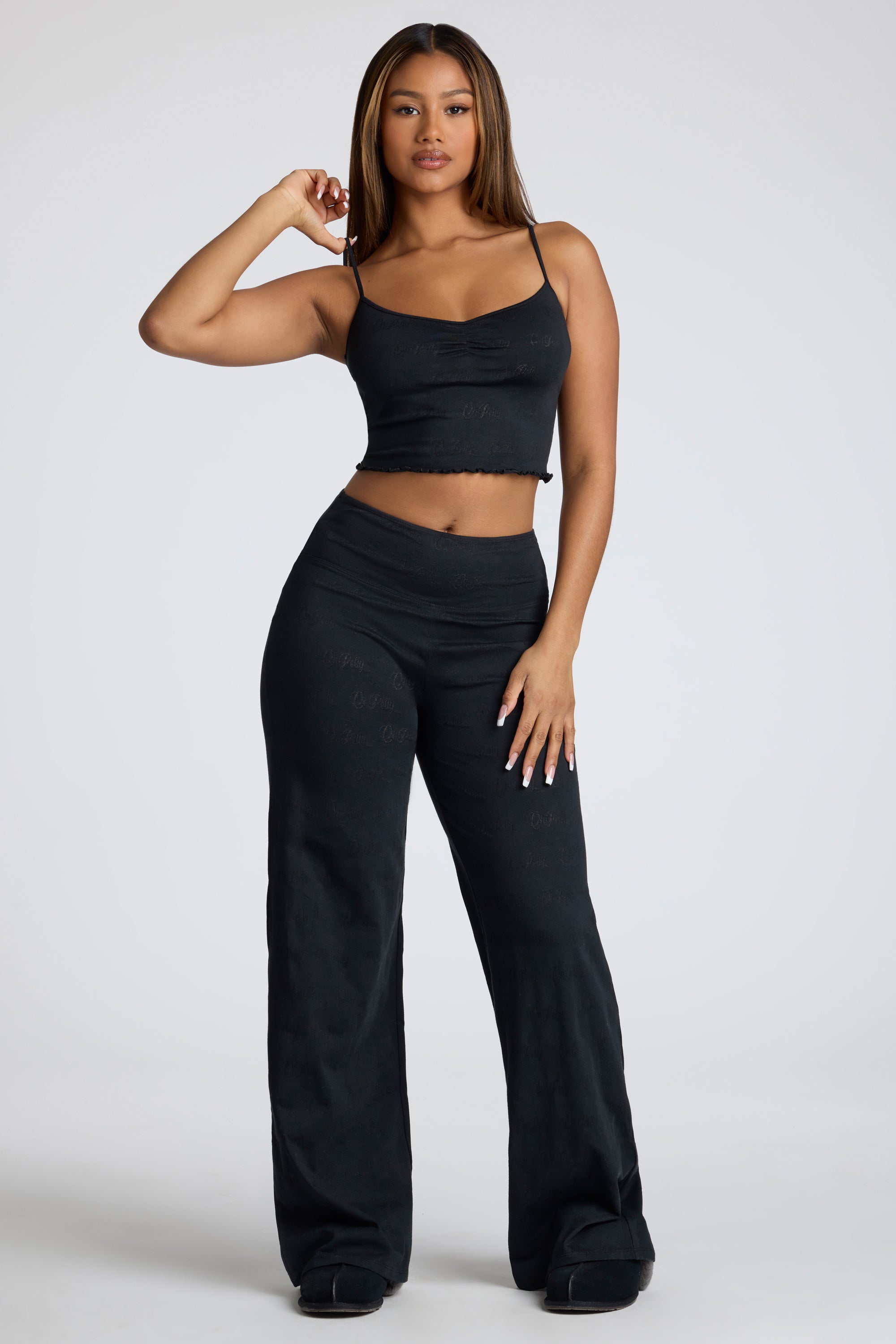 Petite Mid Rise Straight Leg Pointelle Trousers in Black