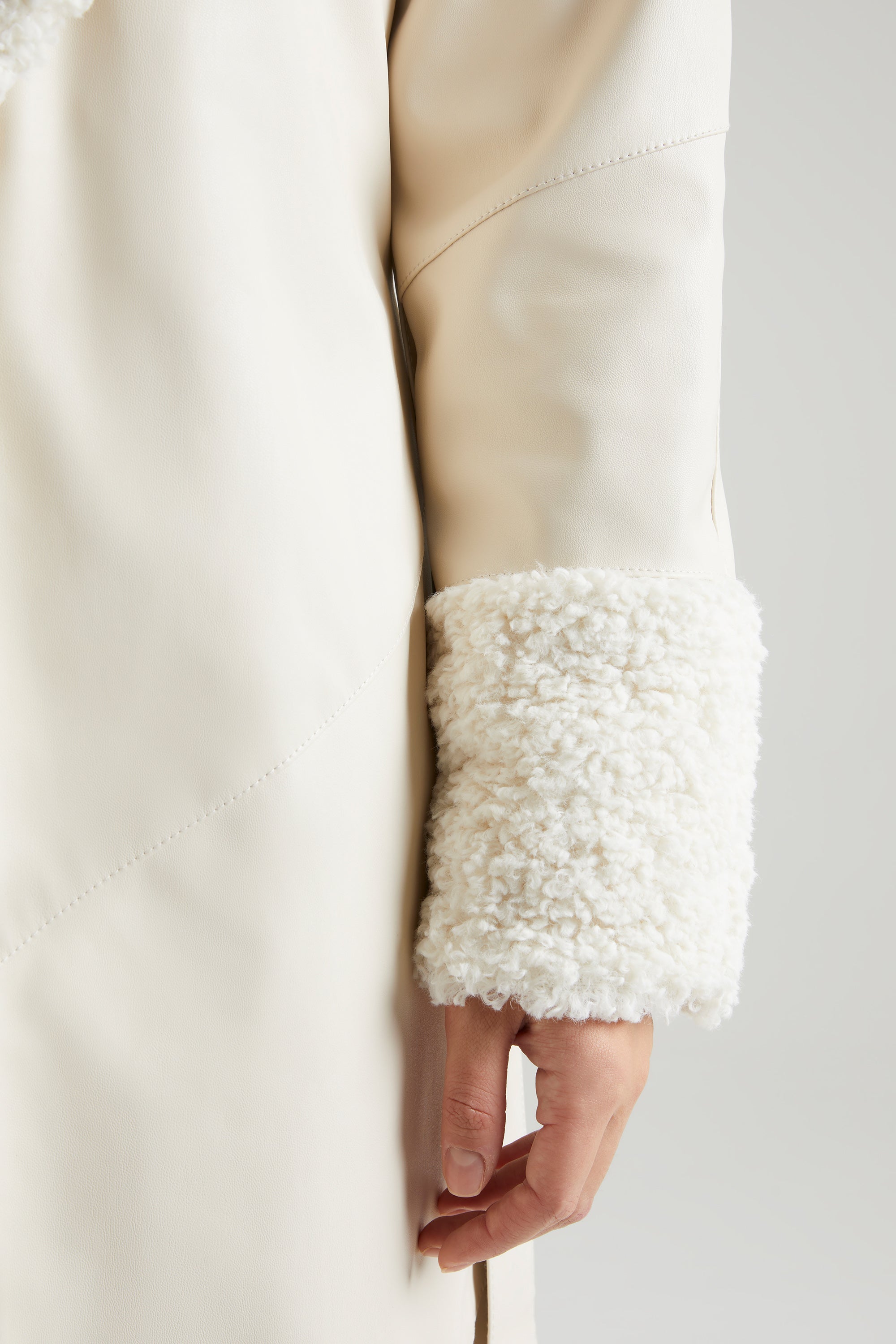 Tie Up Coat with Shearling Collar and Cuffs in Cream