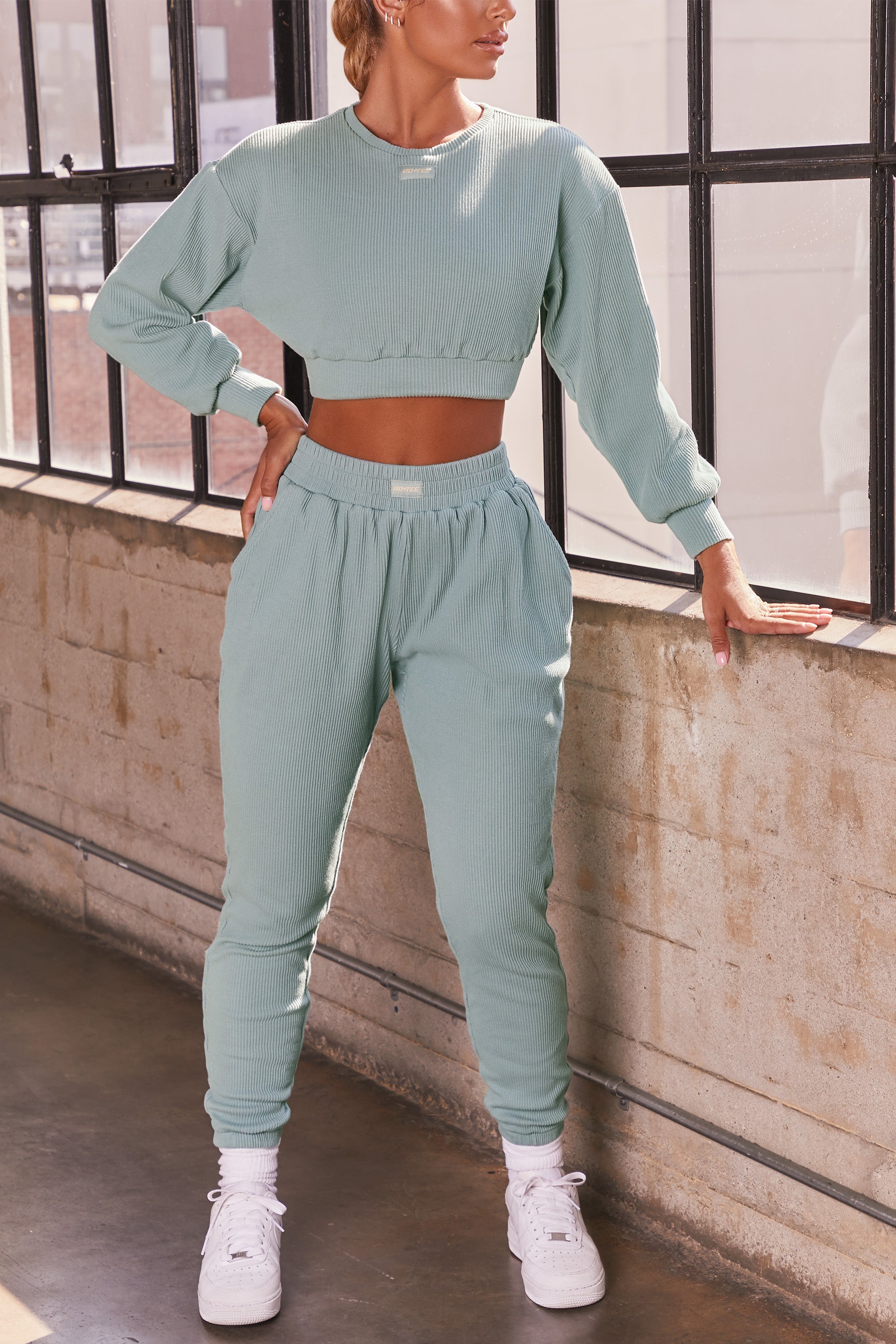 At Ease Ribbed Cropped Oversized Sweatshirt in Teal