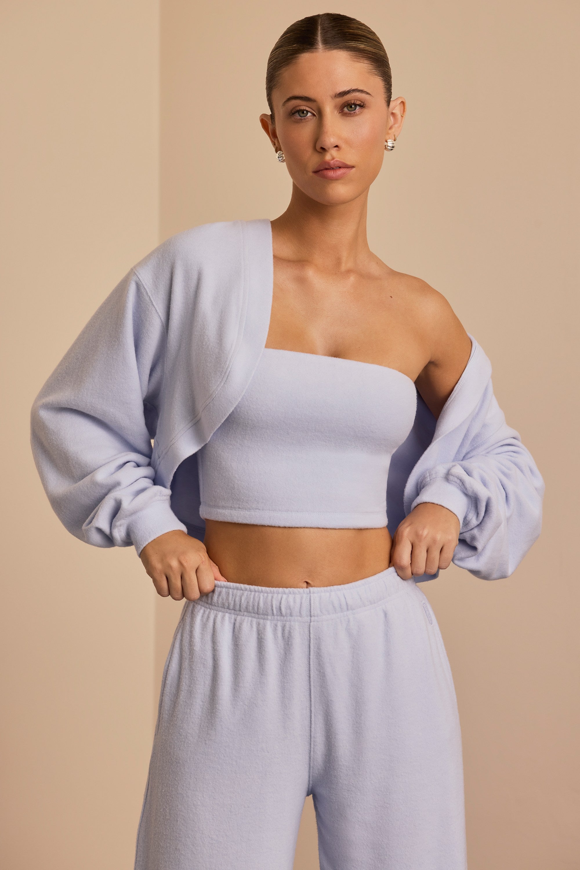 Brushed Jersey Hooded Cropped Shrug in Soft Blue