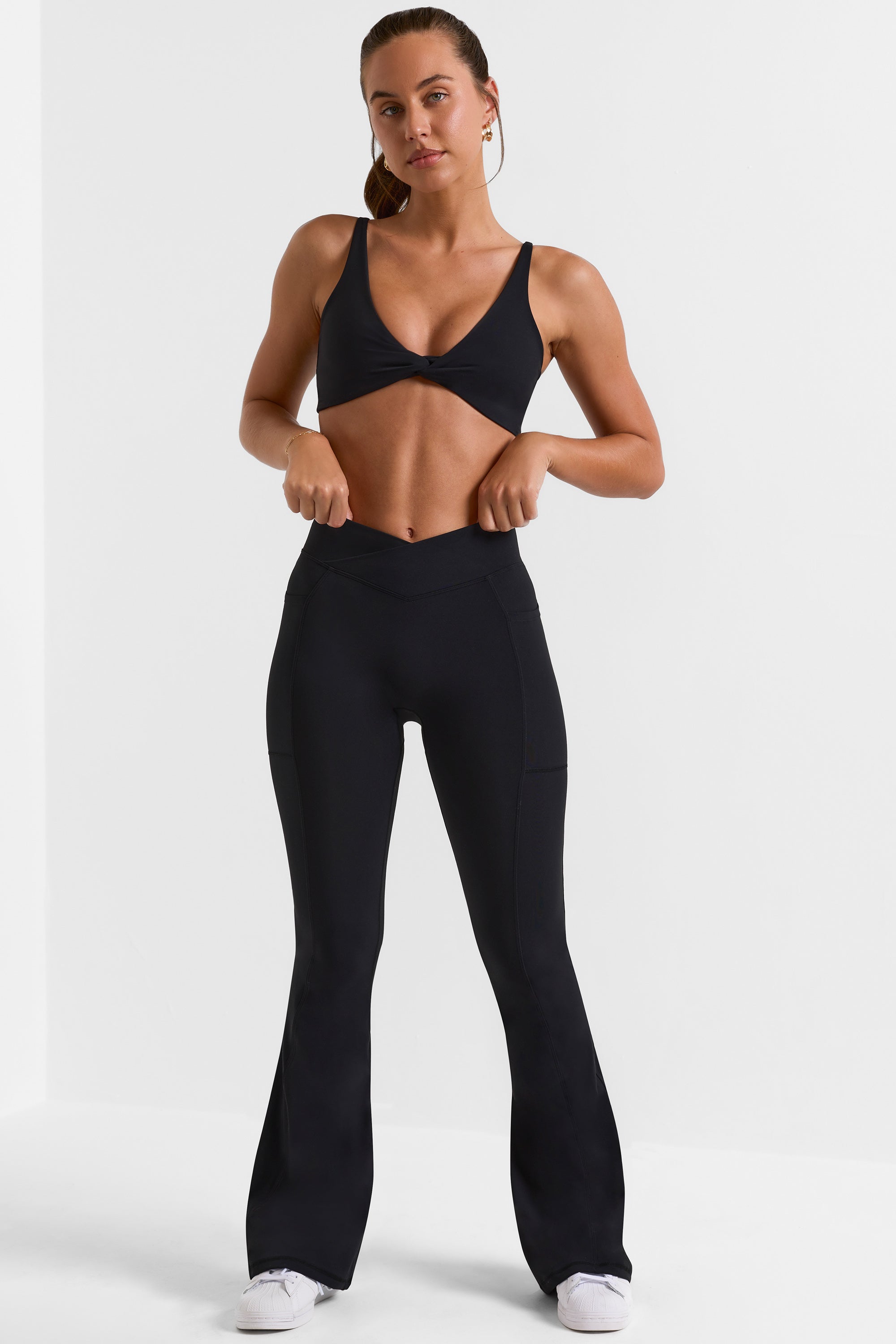 Soft Active Wrap Over Flared Leggings in Black