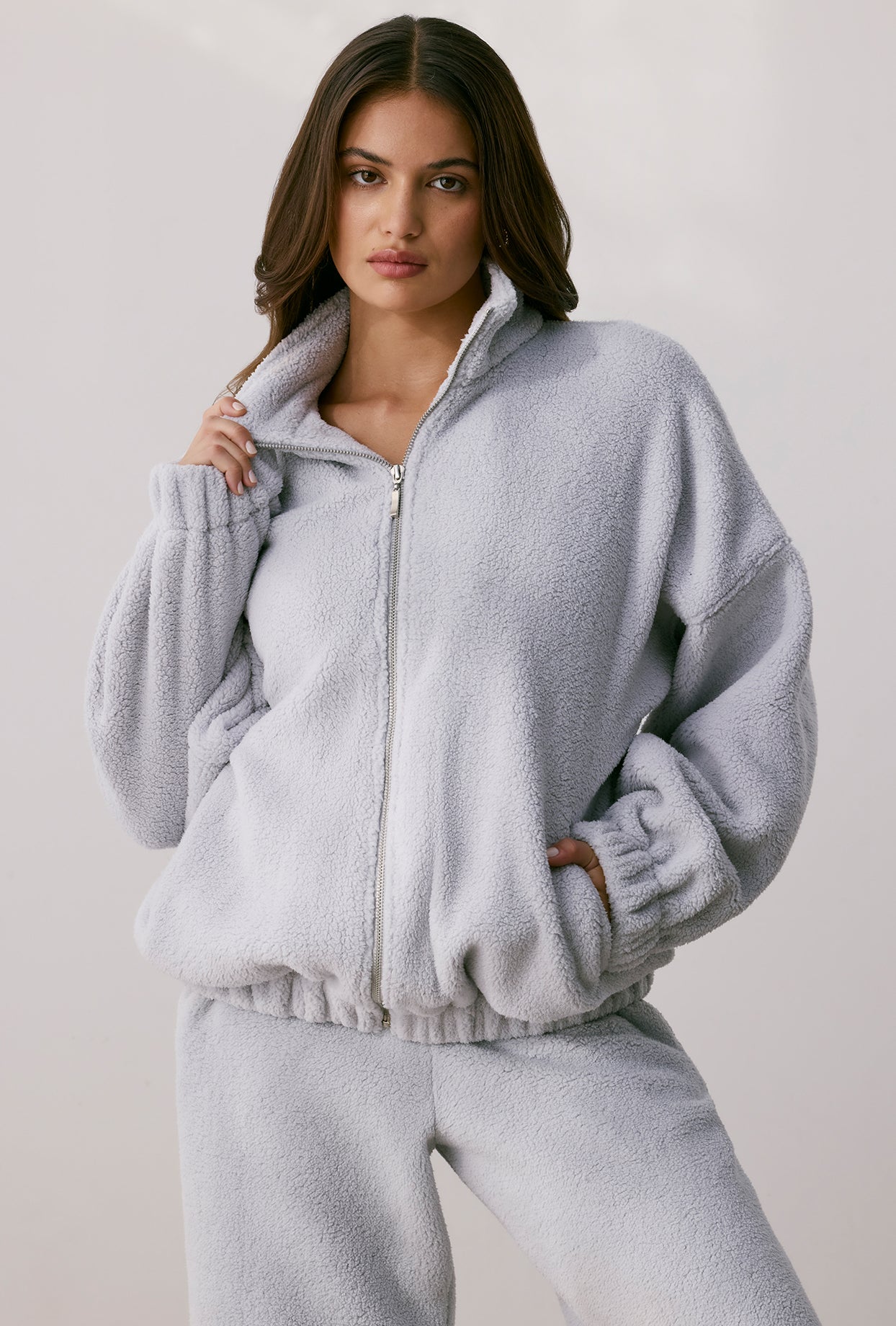 Oversized Fleece Zip Up Jacket in Fog