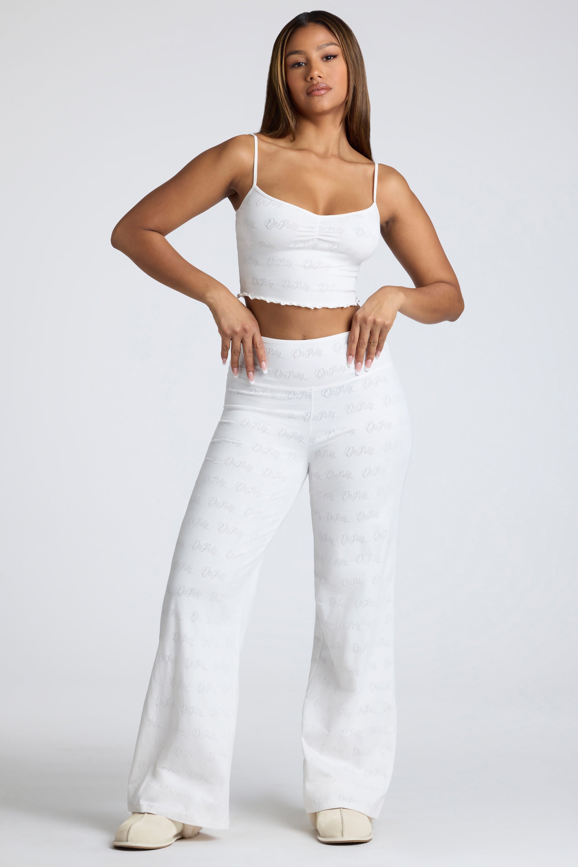 Strappy Ruched Pointelle Crop Top in White