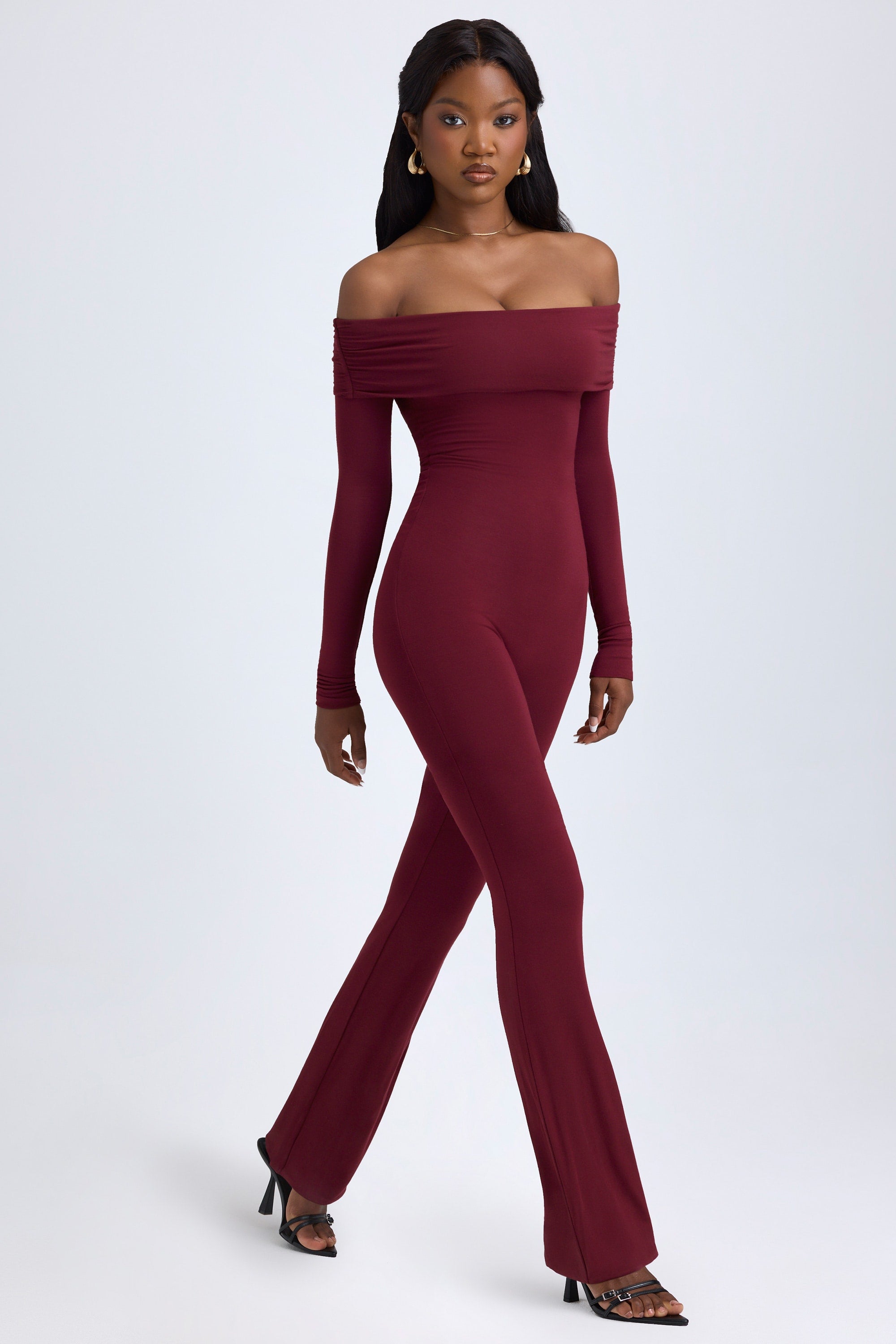 Tall Modal Off-Shoulder Ruched Jumpsuit in Wine Red