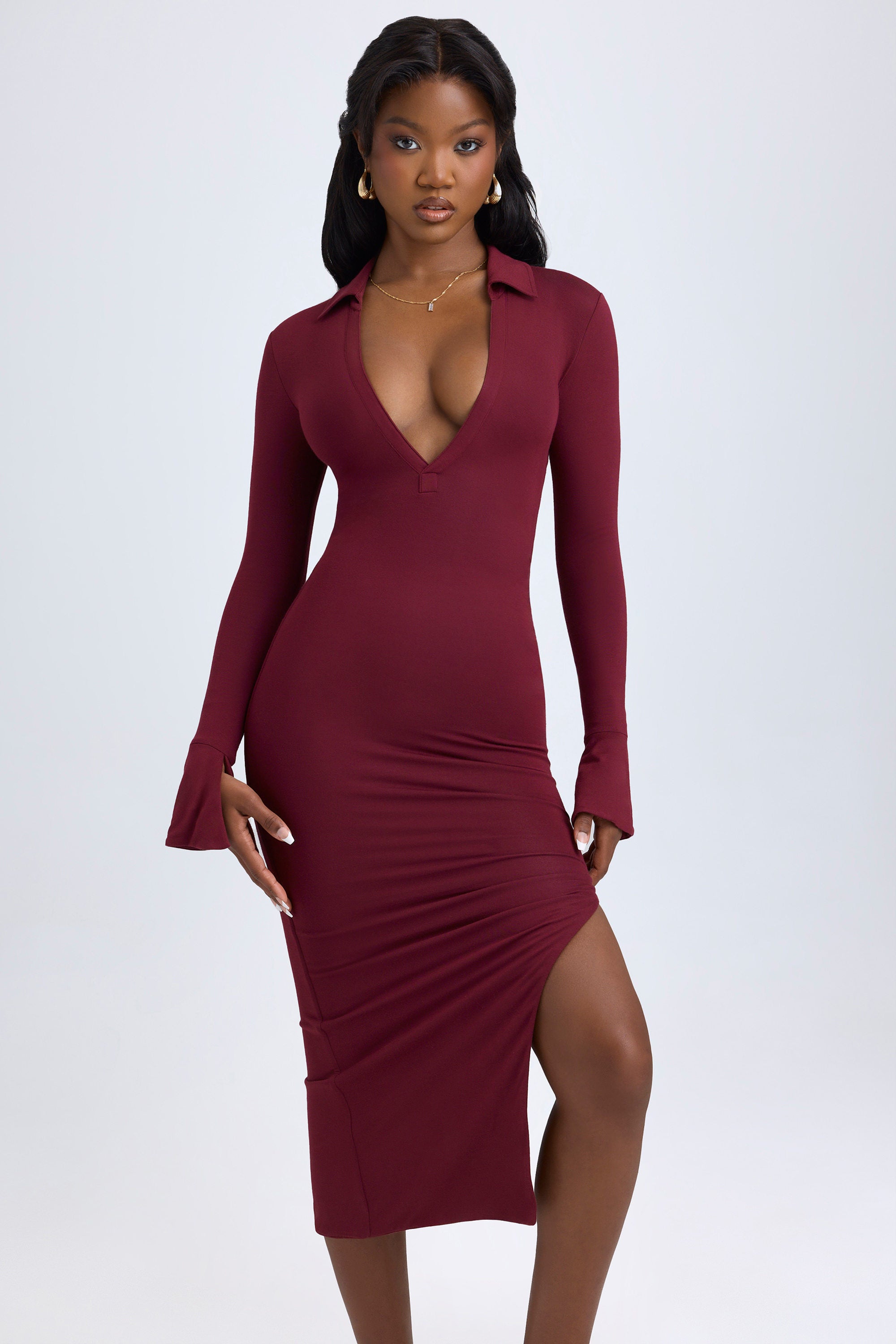 Modal Plunge V-Neck Midaxi Dress in Wine Red