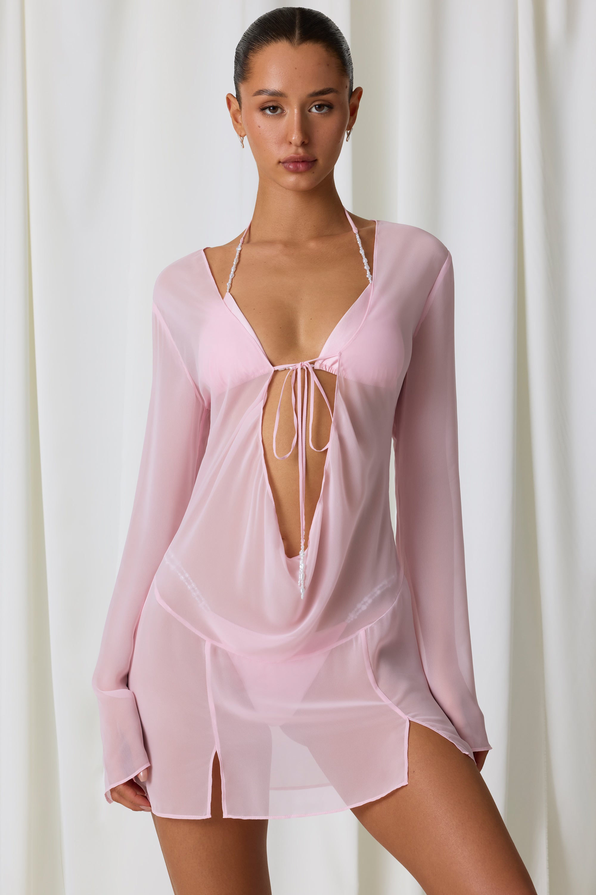 Pearl-Detail Cowl-Neck Micro Mini Dress in Soft Pink