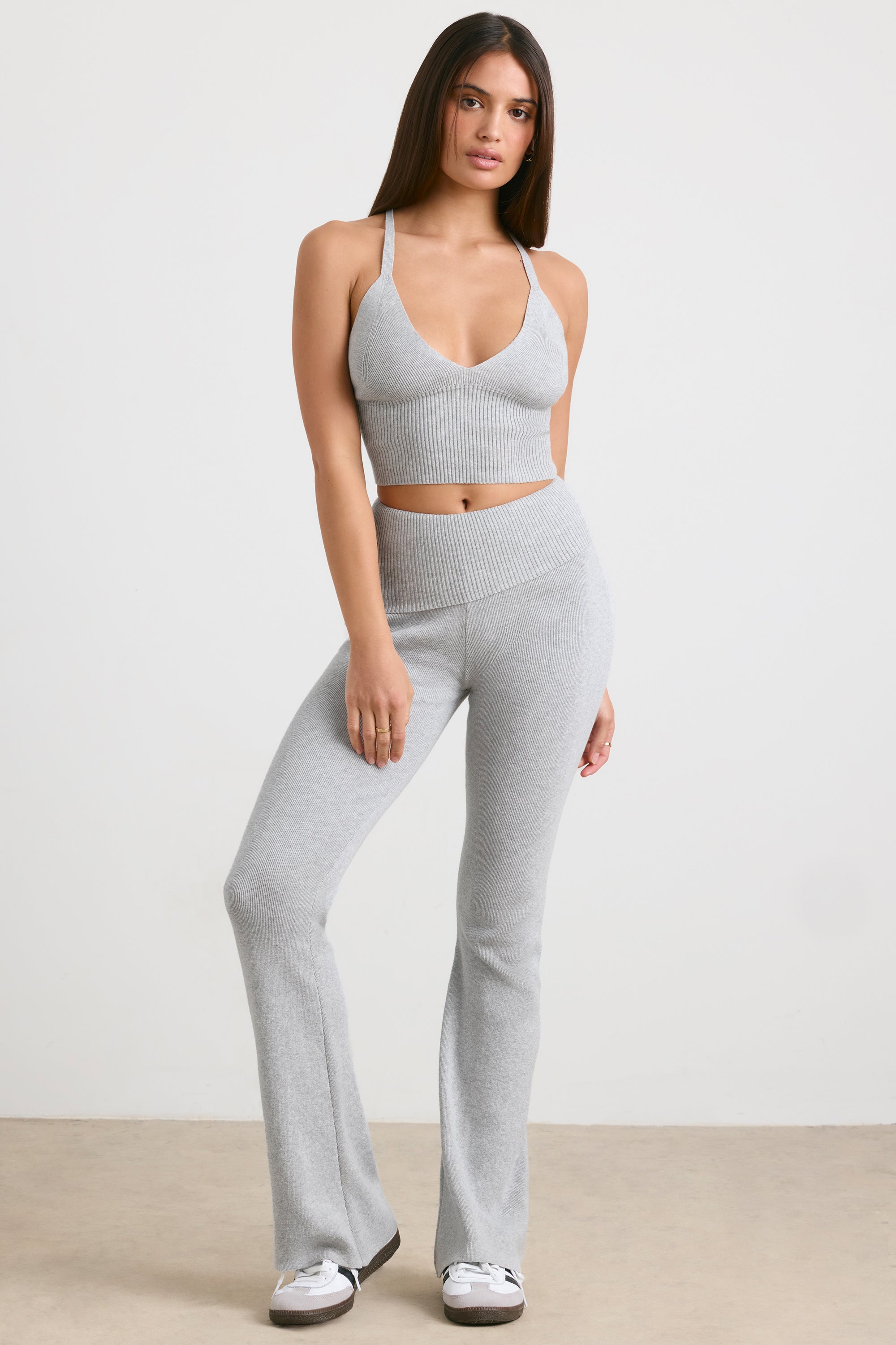 Petite Chunky Knit Kick Flare Trousers in Heather Grey