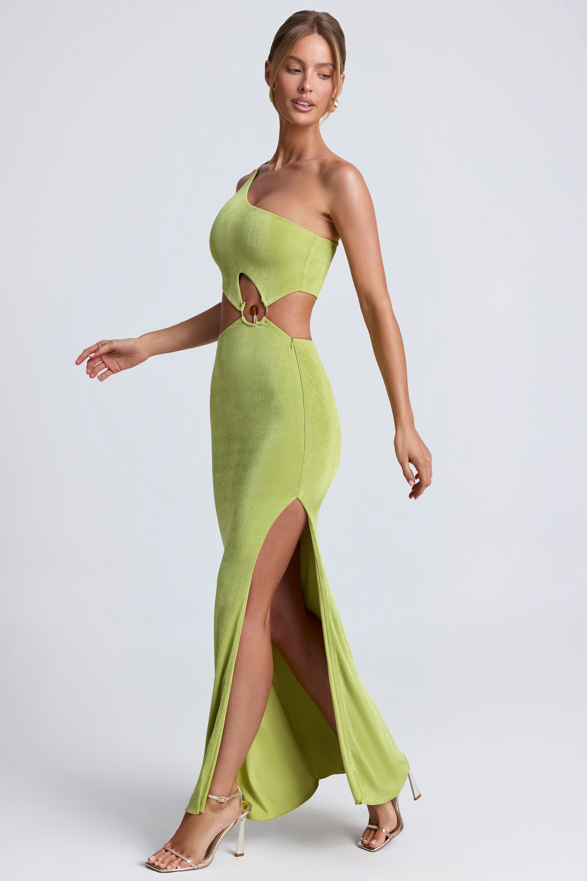 Hardware Detail One-Shoulder Maxi Dress in Olive Green