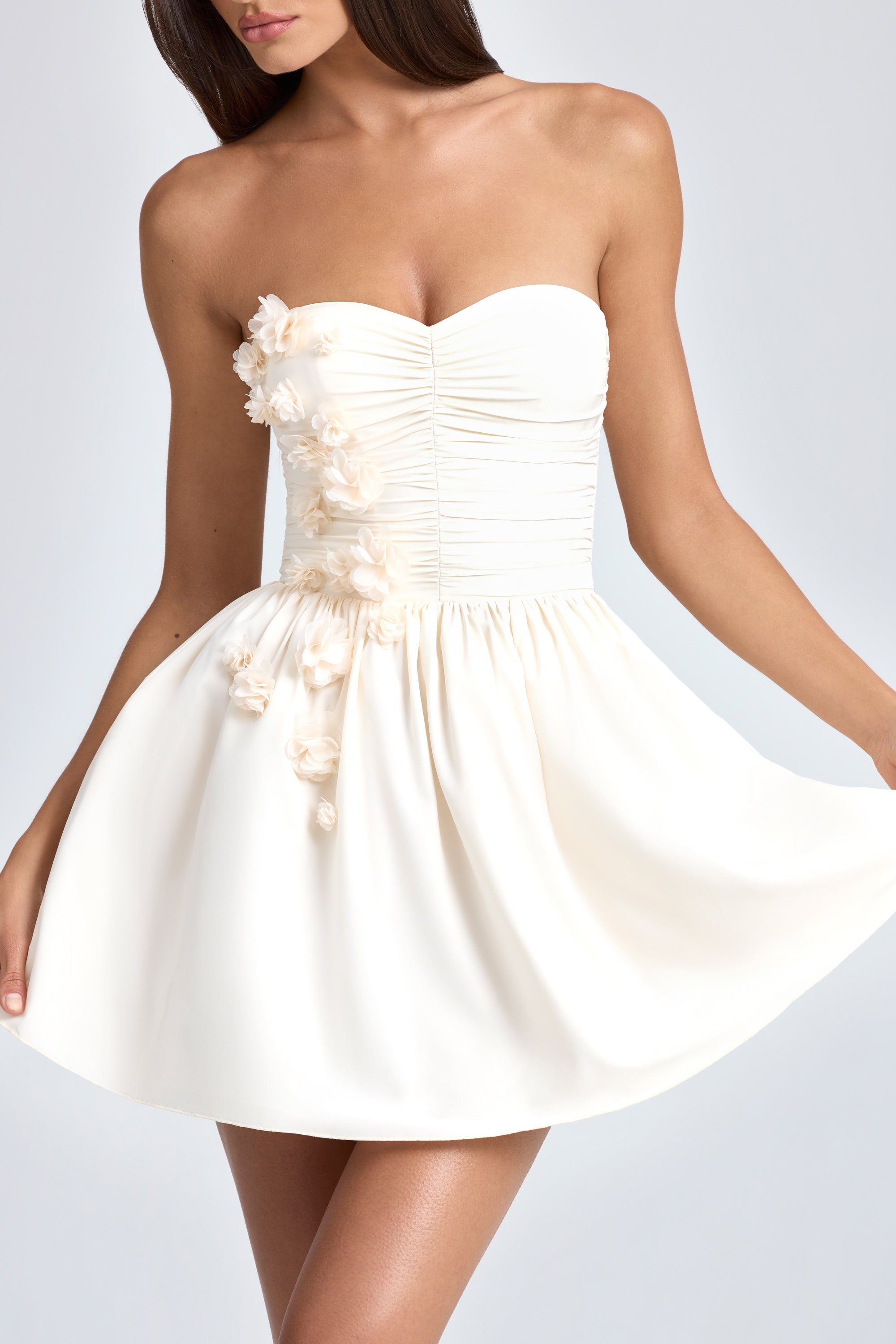 Bandeau Floral-Appliqué Corset Mini Dress in Ivory