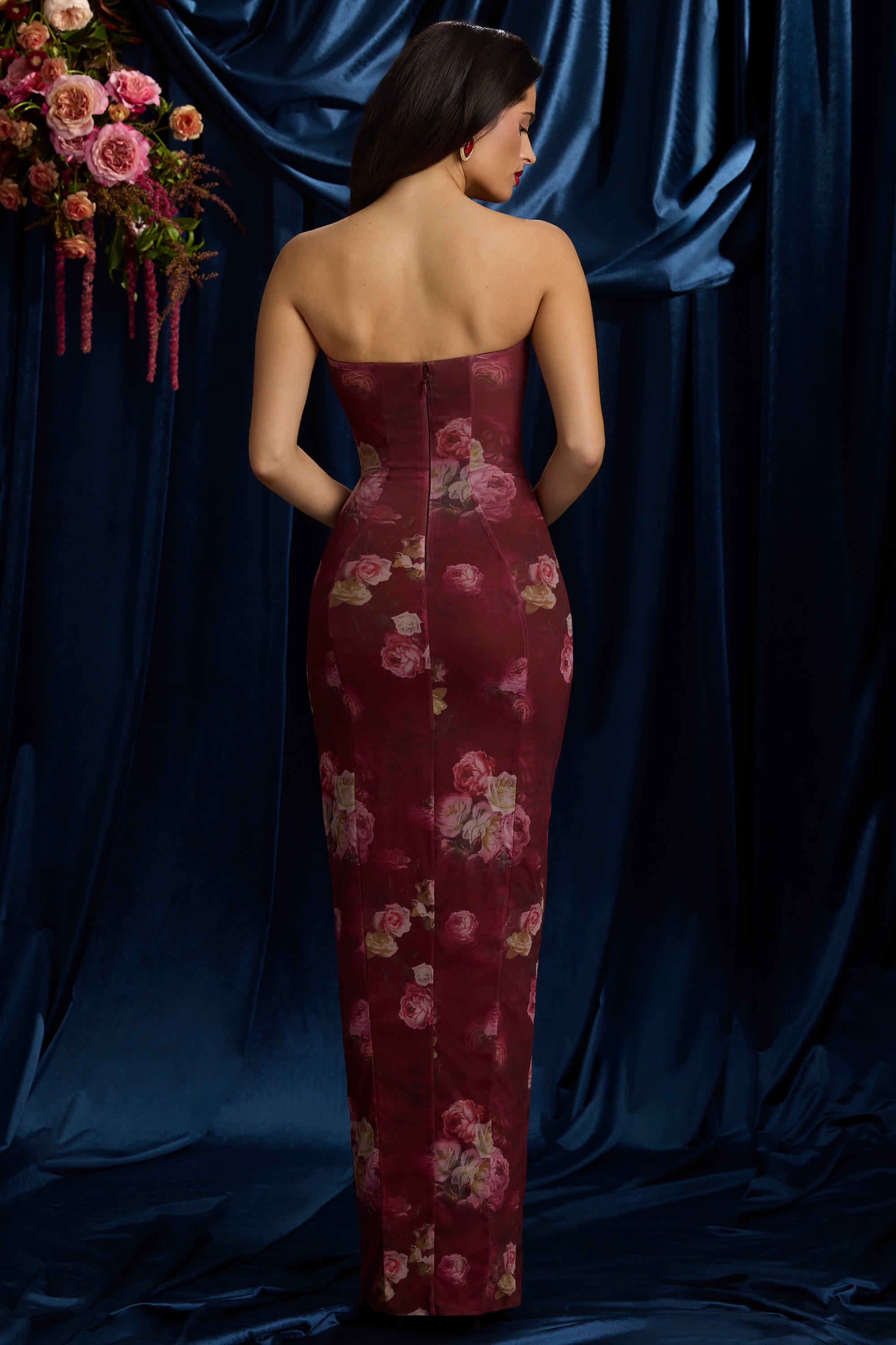 Strapless Cowl-Neck Maxi Dress in Maroon Floral Print