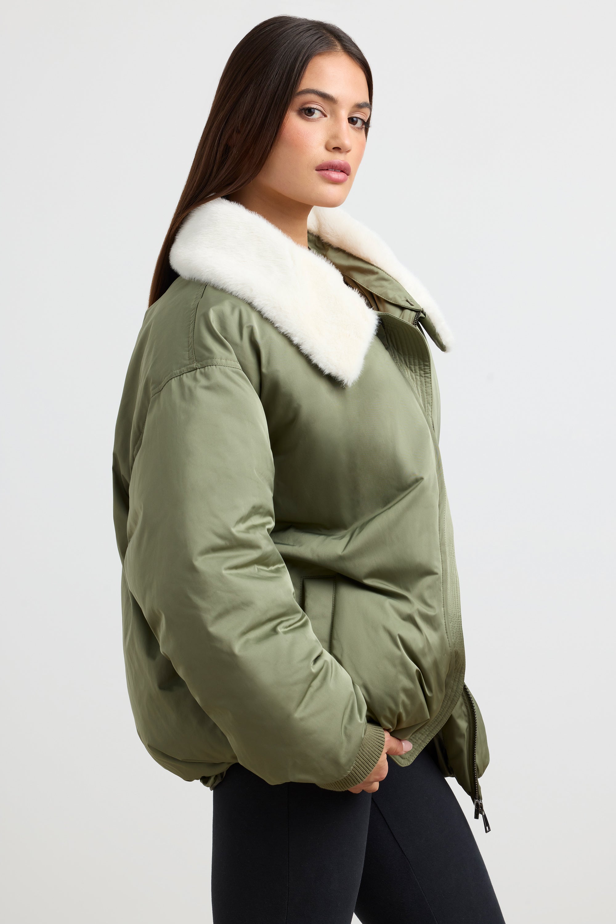 Oversized Bomber Jacket in Deep Olive