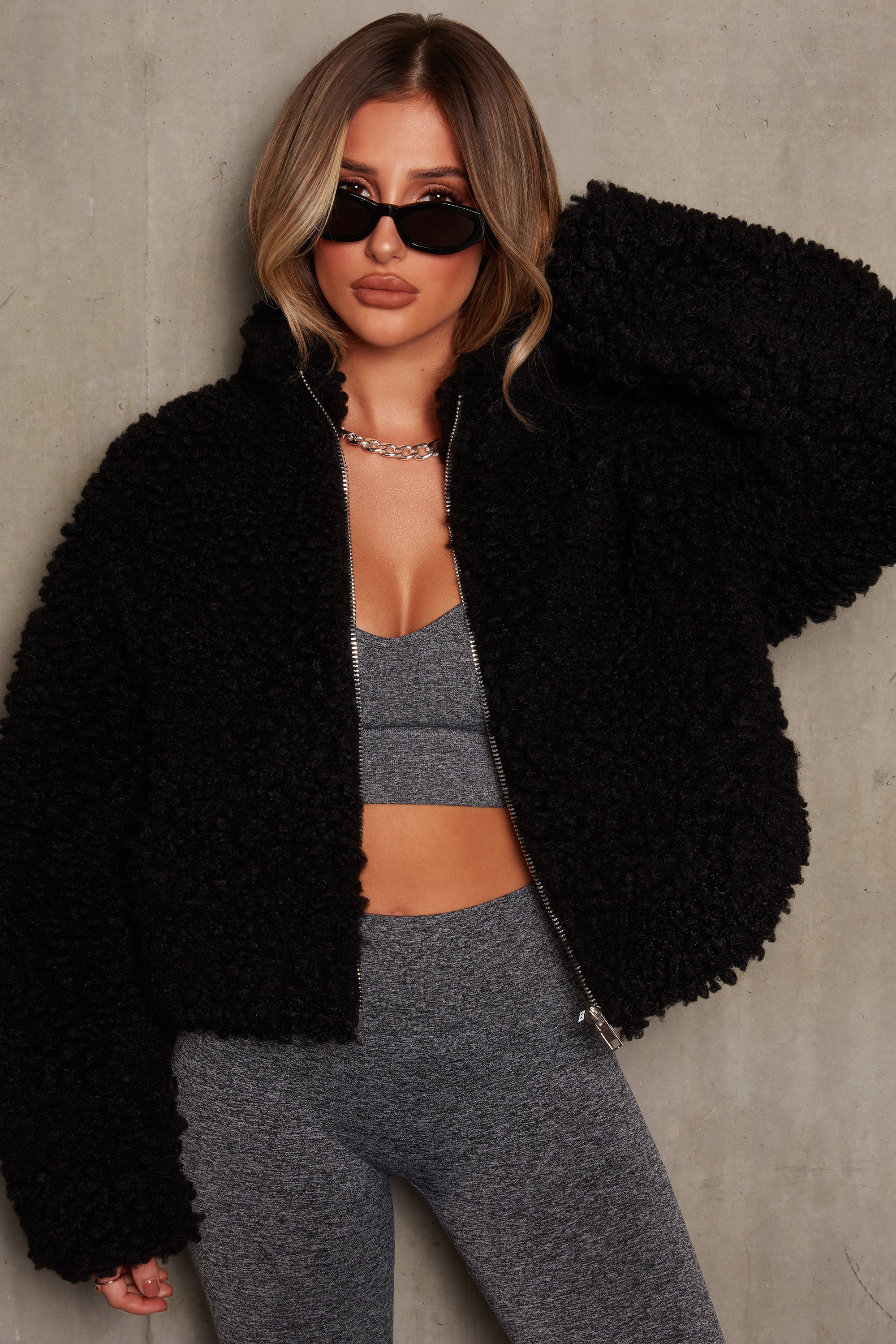 Oversized Boucle Teddy Coat in Black