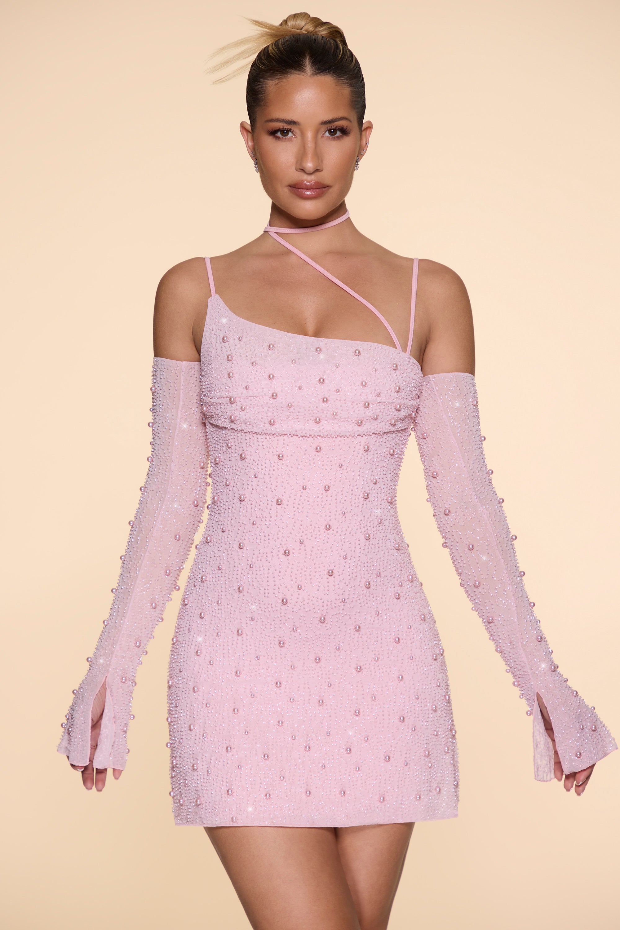 Embellished Asymmetric Corset Mini Dress in Blush