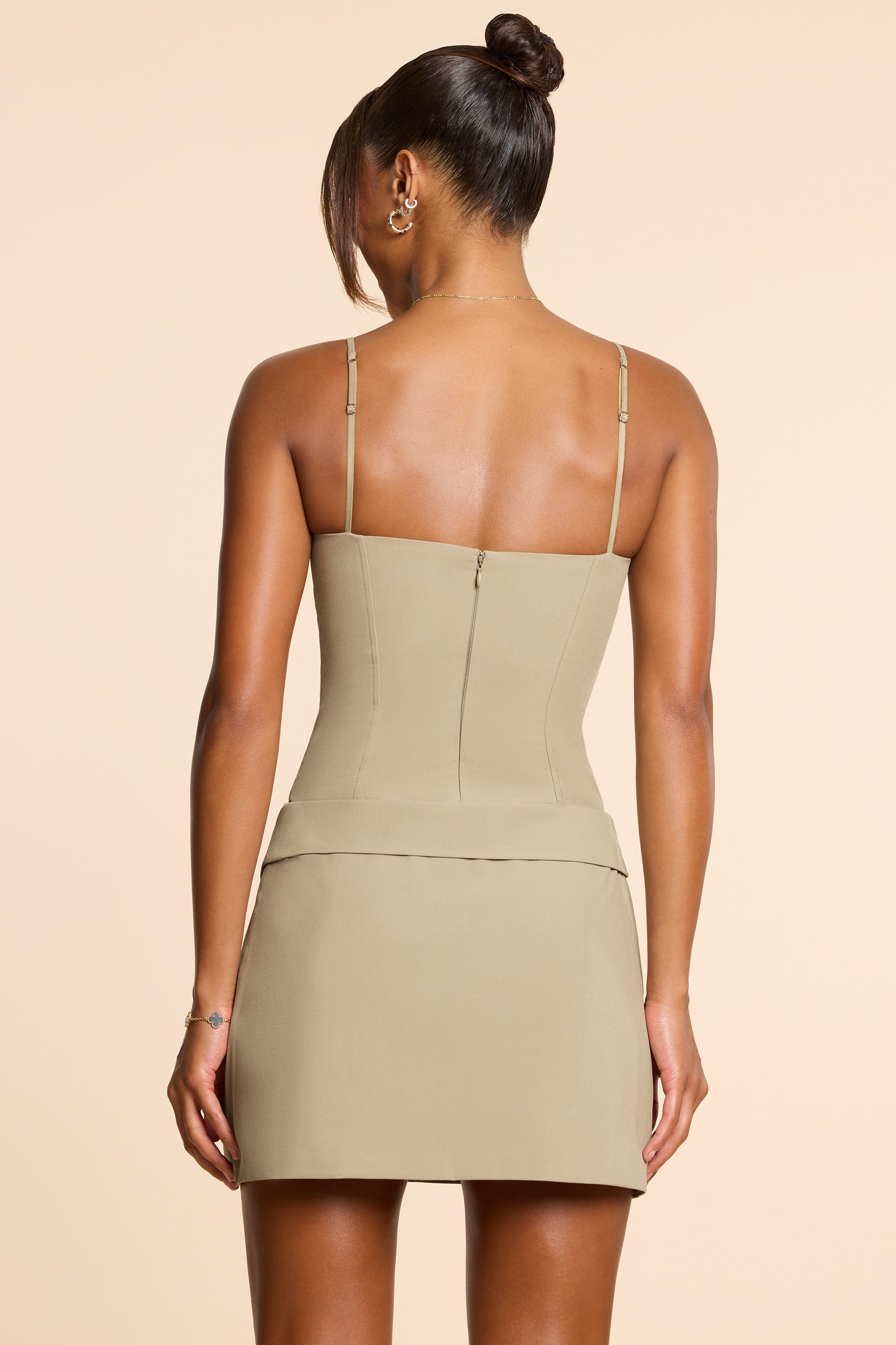 Woven Twill Wrap Over Pleated Mini Dress in Taupe