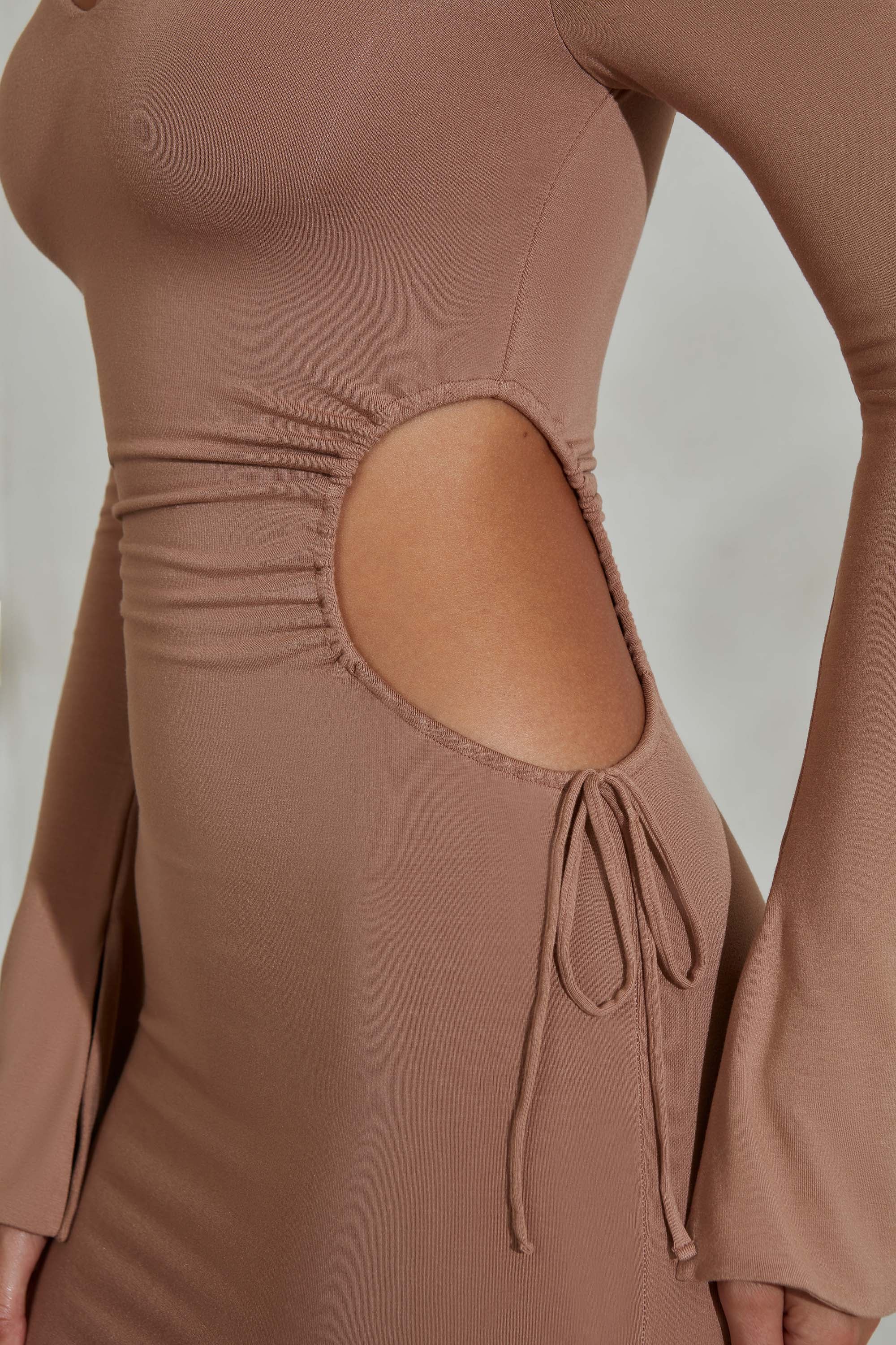 Ruched Cut Out Sides Long Sleeve Mini Dress in Tan