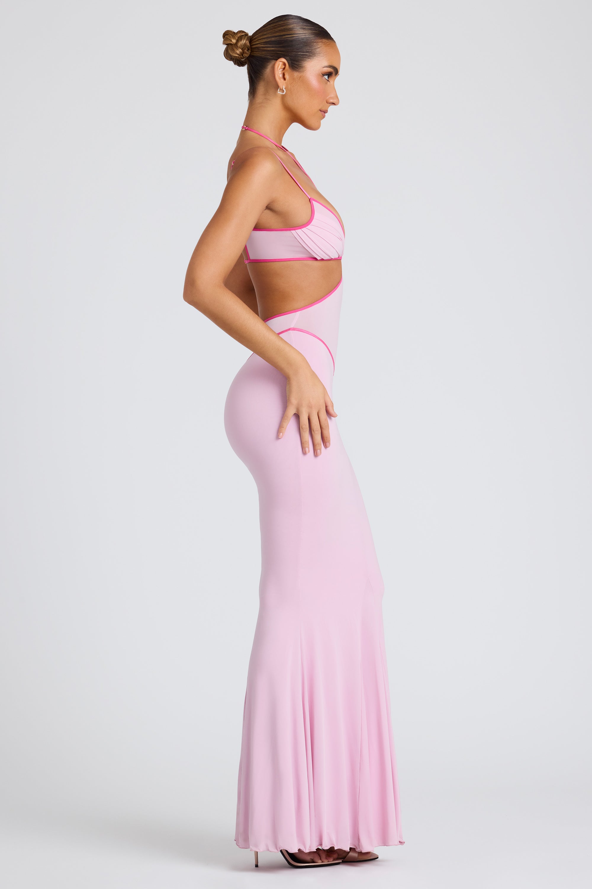 Contrast Binding Cut Out Evening Gown in Soft Pink