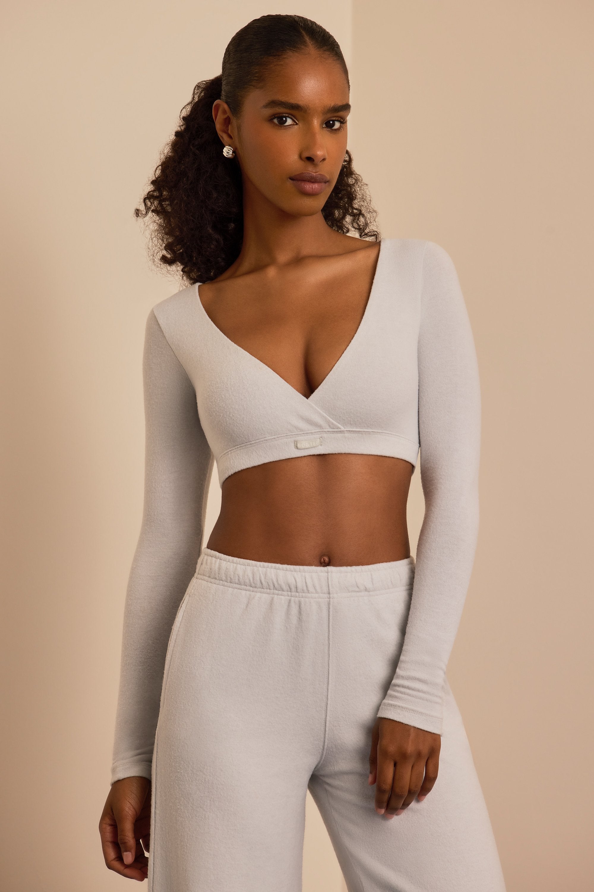 Brushed Jersey Wrap Crop Top in Fog Grey