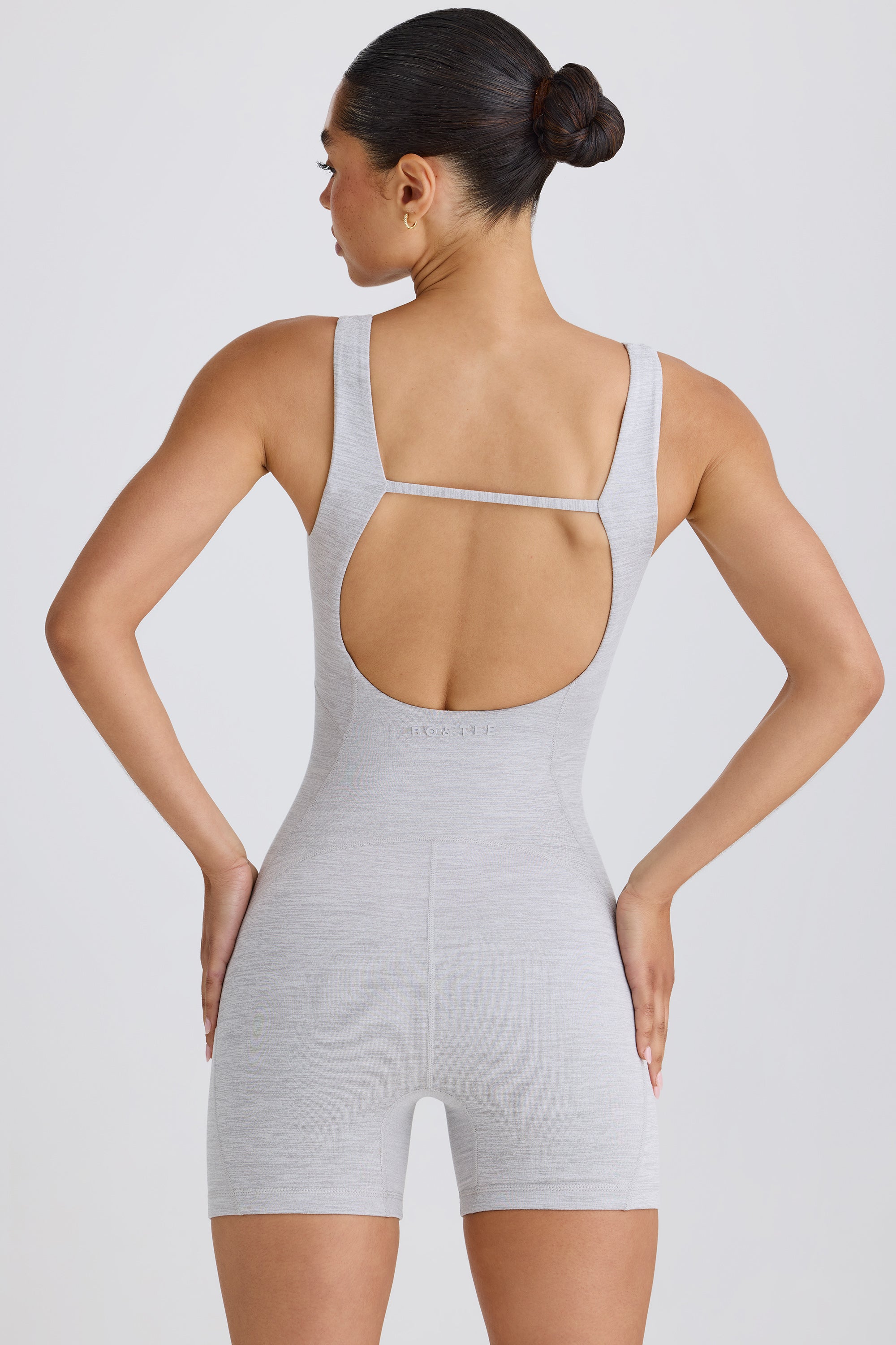 Soft Active Open-Back Unitard in Grey Marl