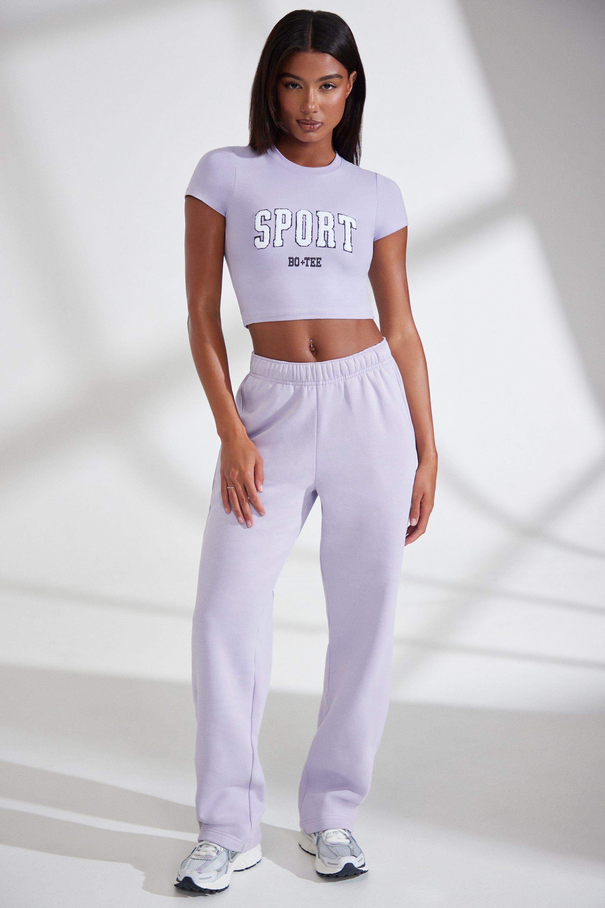 Petite Wide Leg Embroidered Back Joggers in Lavender