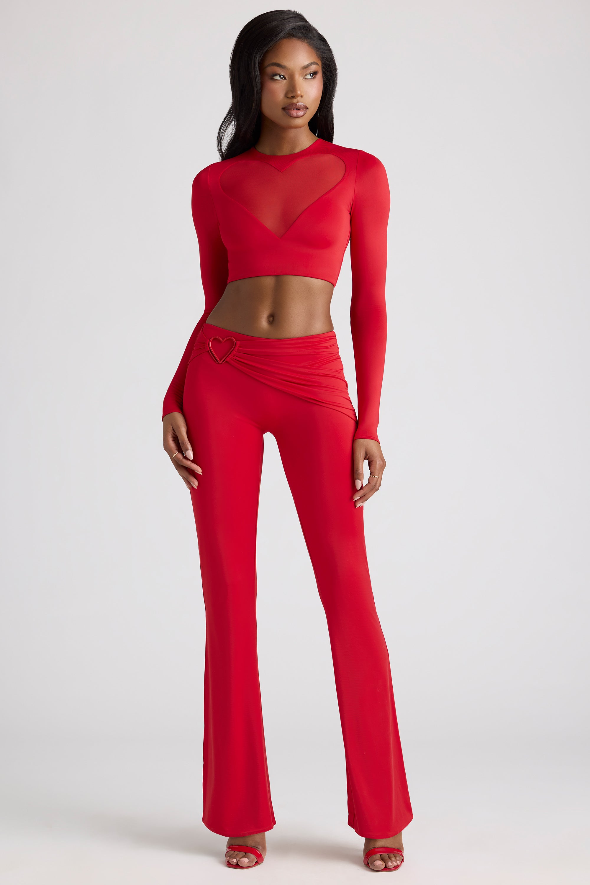 Sheer Panelled Long Sleeve Crop Top in Fire Red