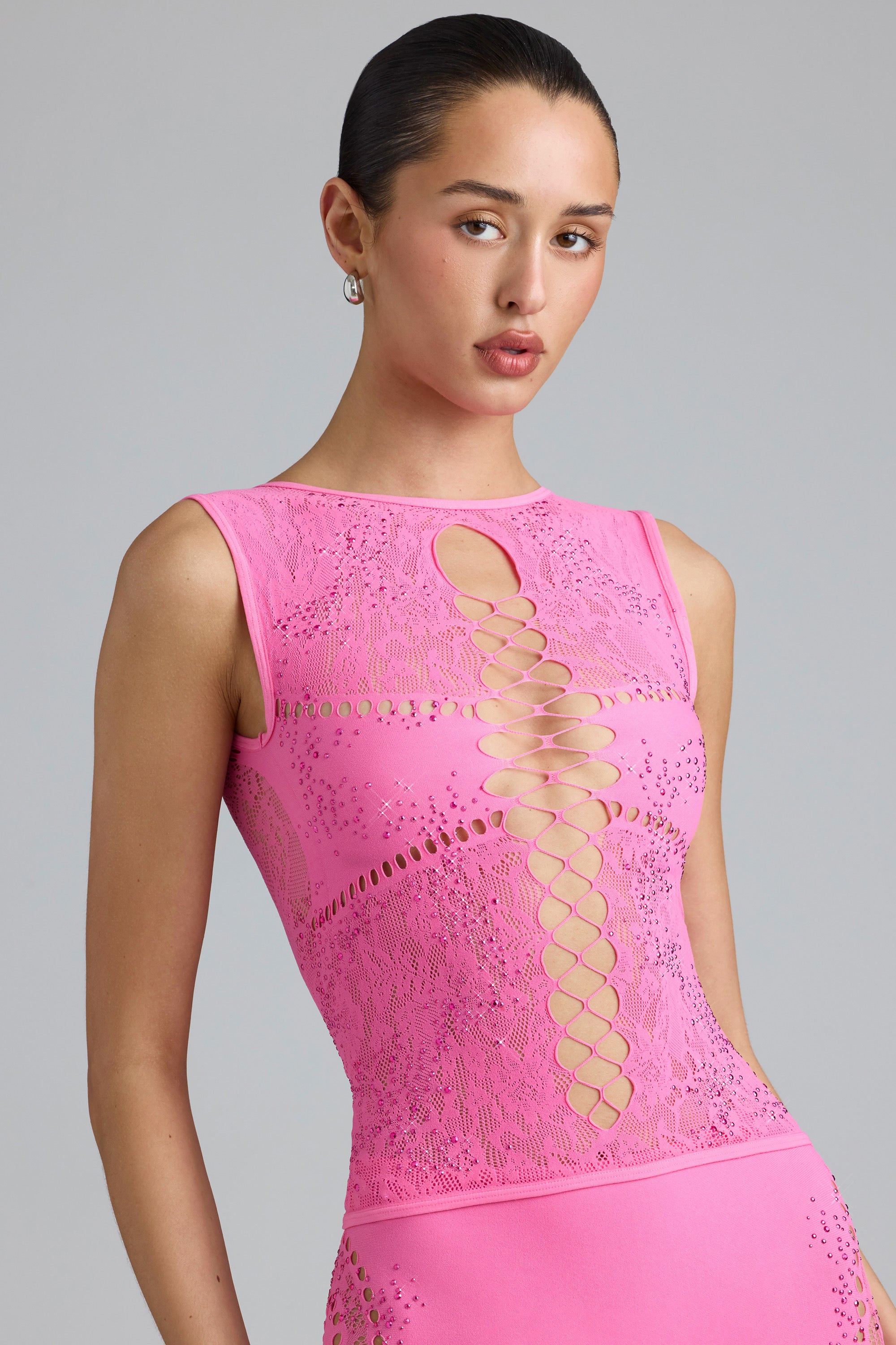 Embellished Lace-Up High-Neck Top in Bubblegum Pink