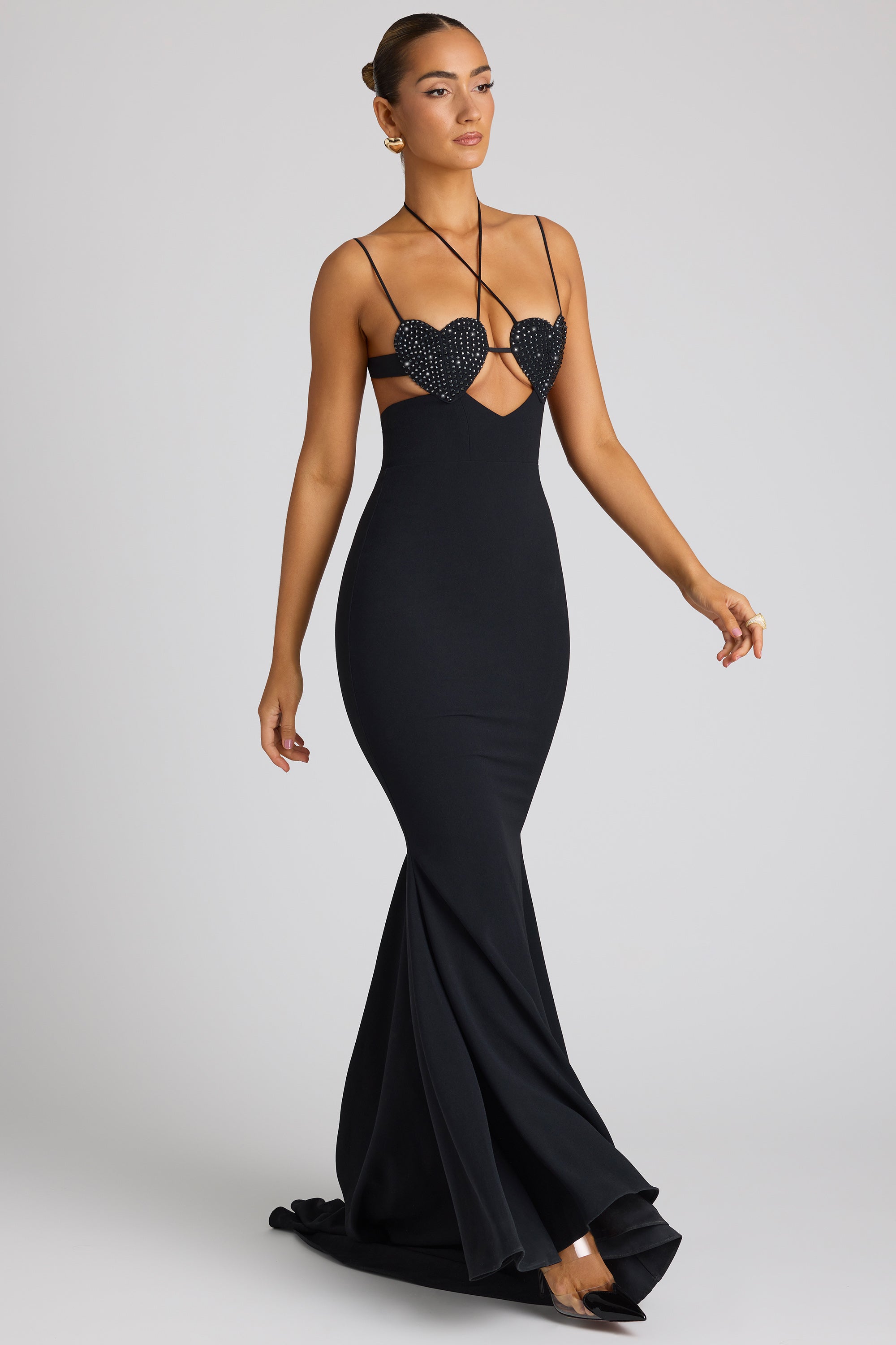 Embellished Heart Cup Detail Evening Gown in Black