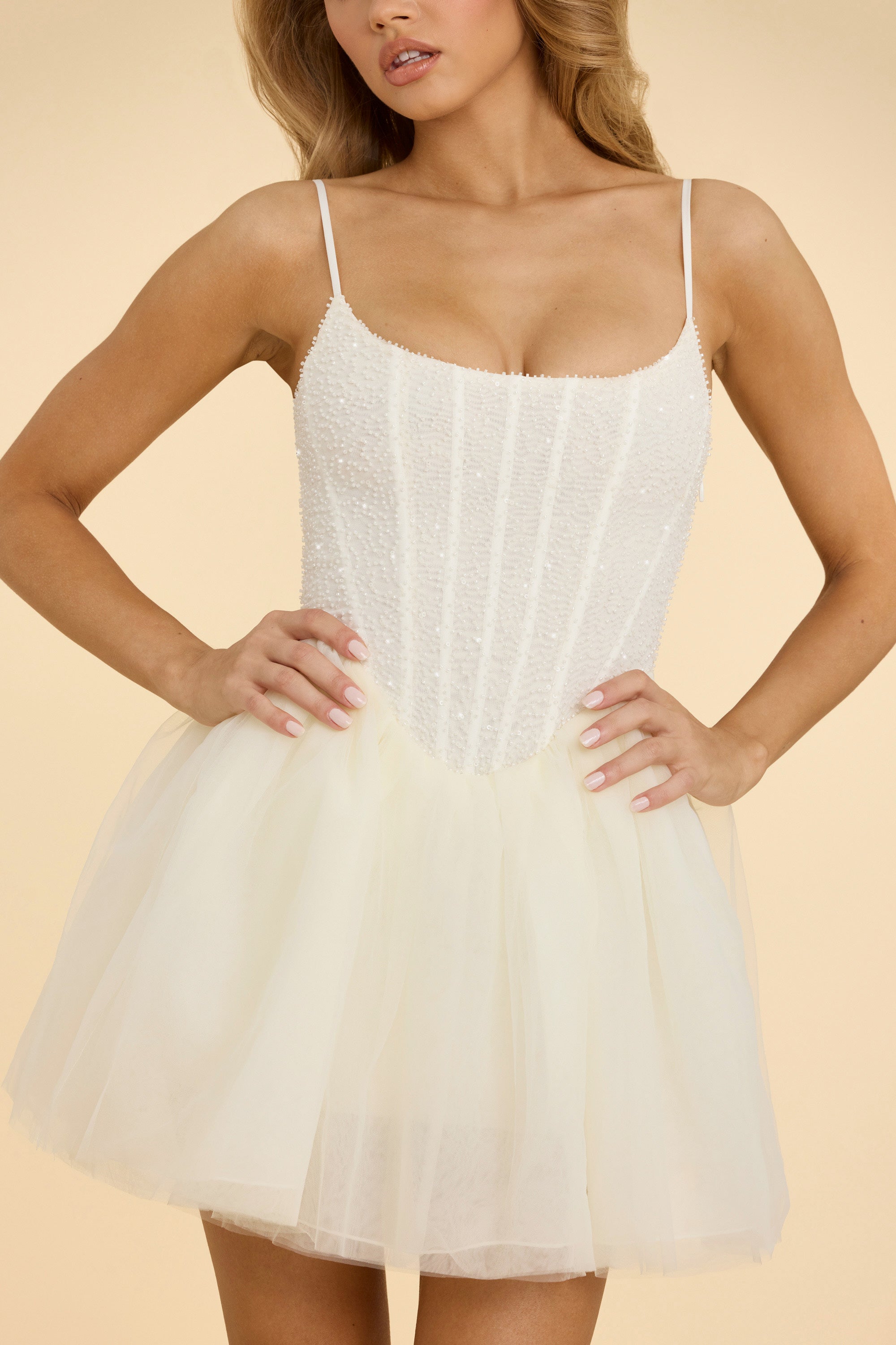 Embellished Corset Tulle Skirt Mini Dress in White