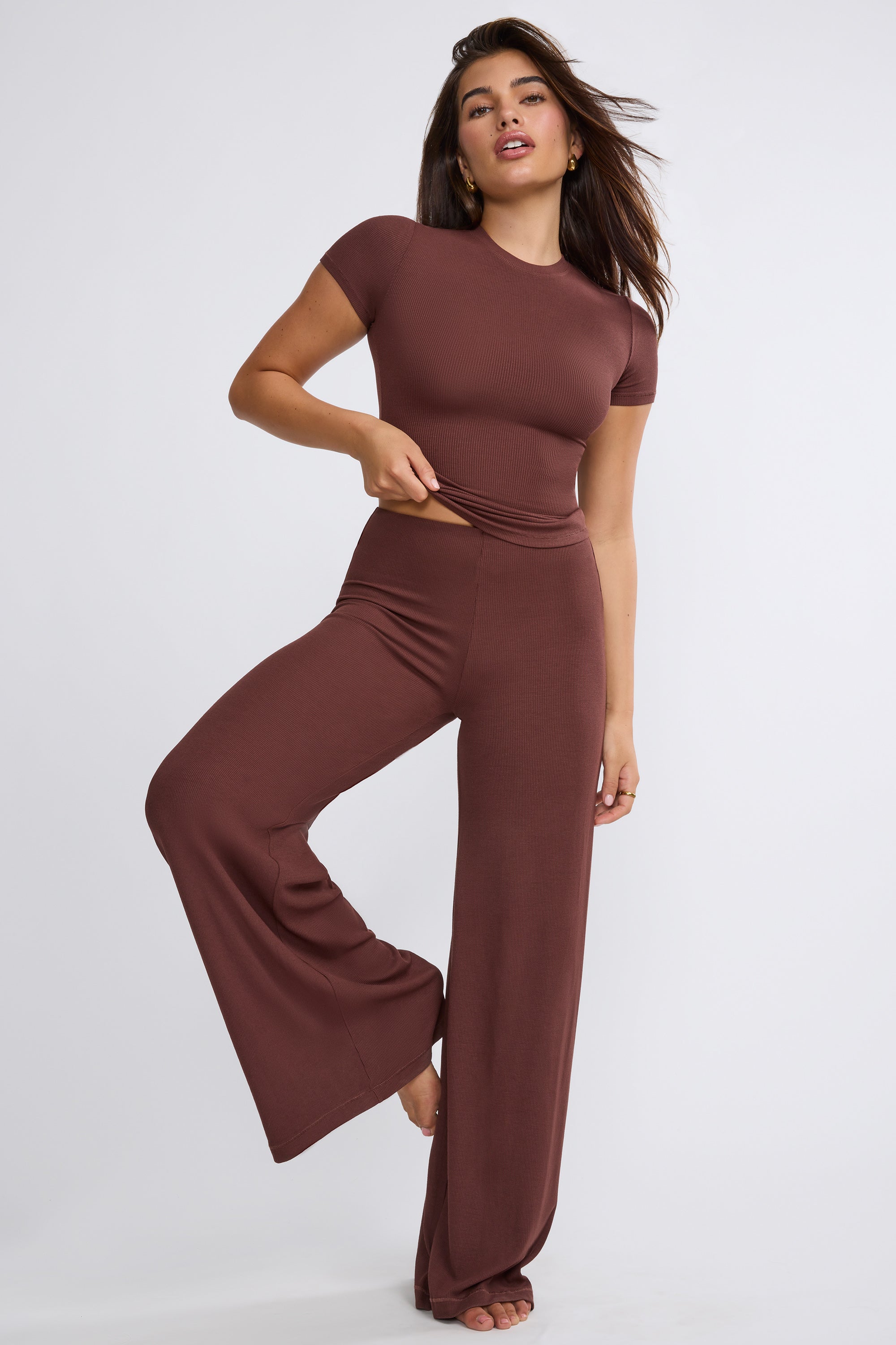 Ribbed Modal High Neck Top in Chocolate